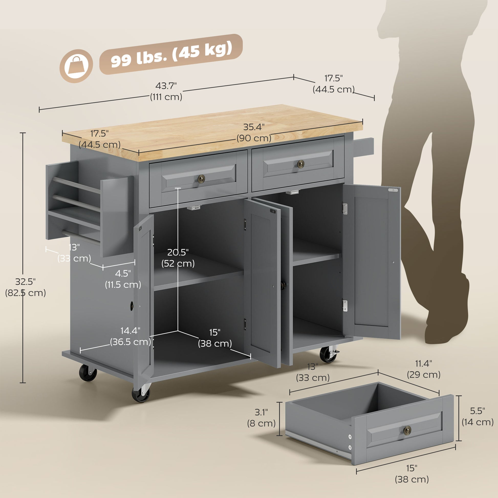Kitchen Island Rolling Trolley Cart with Wood Top - Grey-DECOROLALA