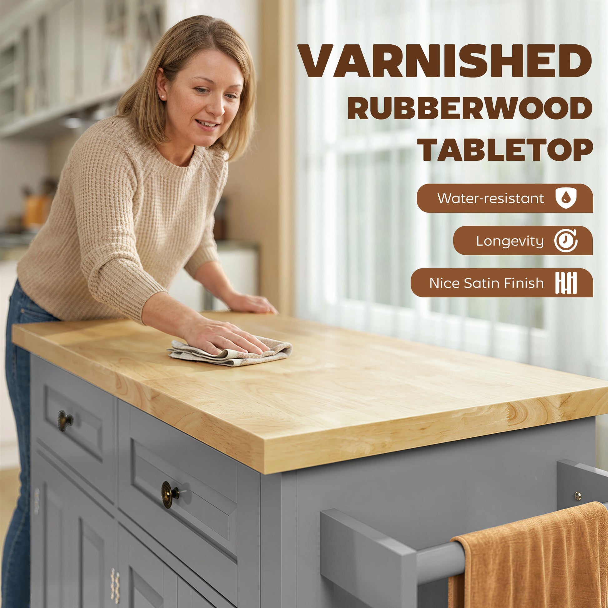 Kitchen Island Rolling Trolley Cart with Wood Top - Grey-DECOROLALA