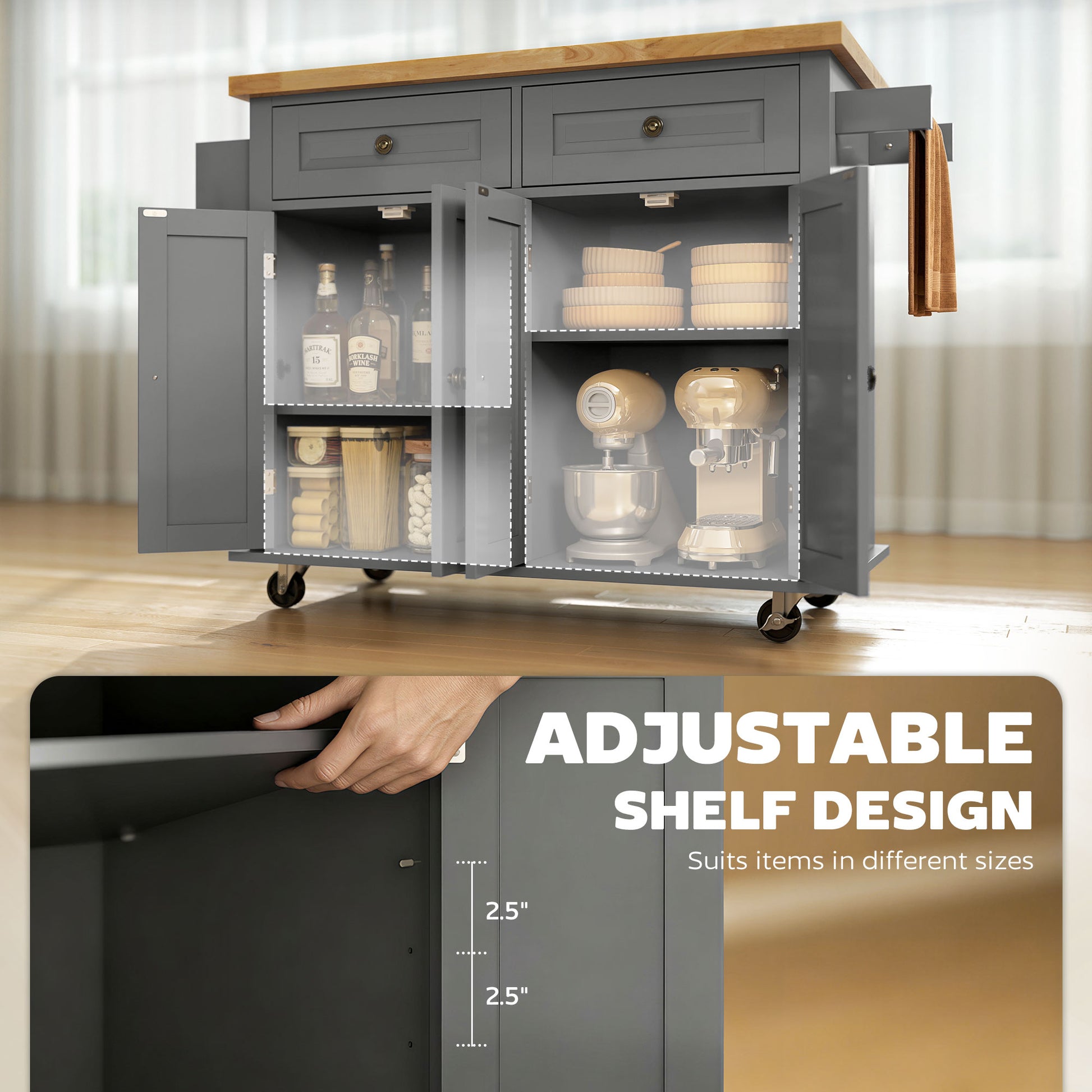 Kitchen Island Rolling Trolley Cart with Wood Top - Grey-DECOROLALA