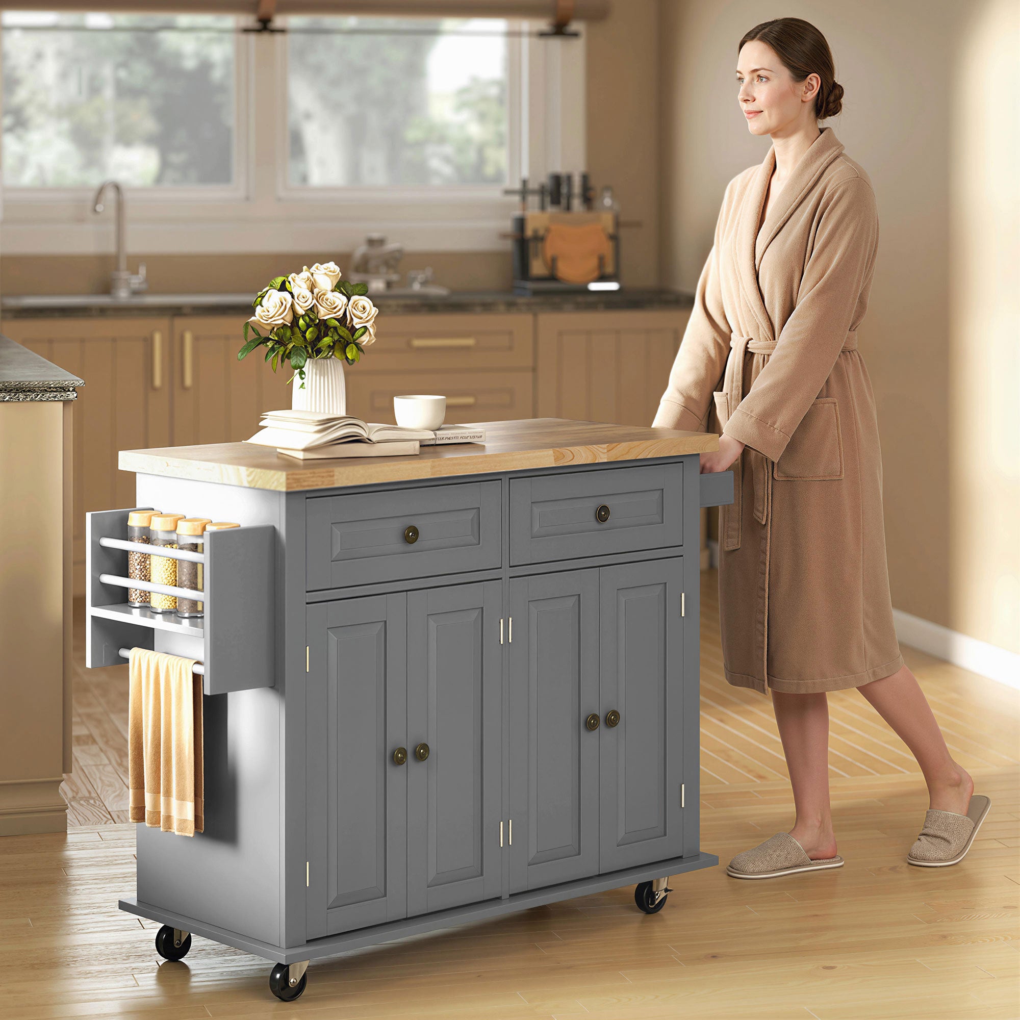 Kitchen Island Rolling Trolley Cart with Wood Top - Grey-DECOROLALA
