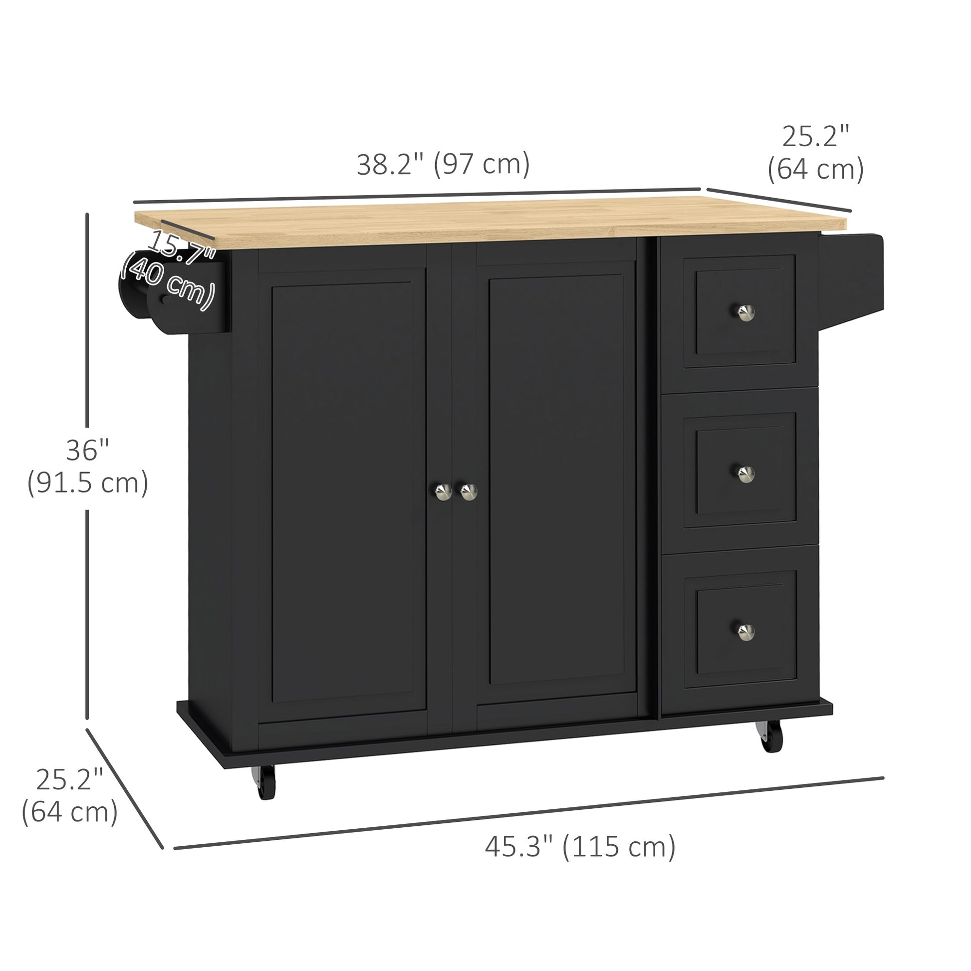 Kitchen Island on Wheels with Drop Leaf - Black 45" W-DECOROLALA