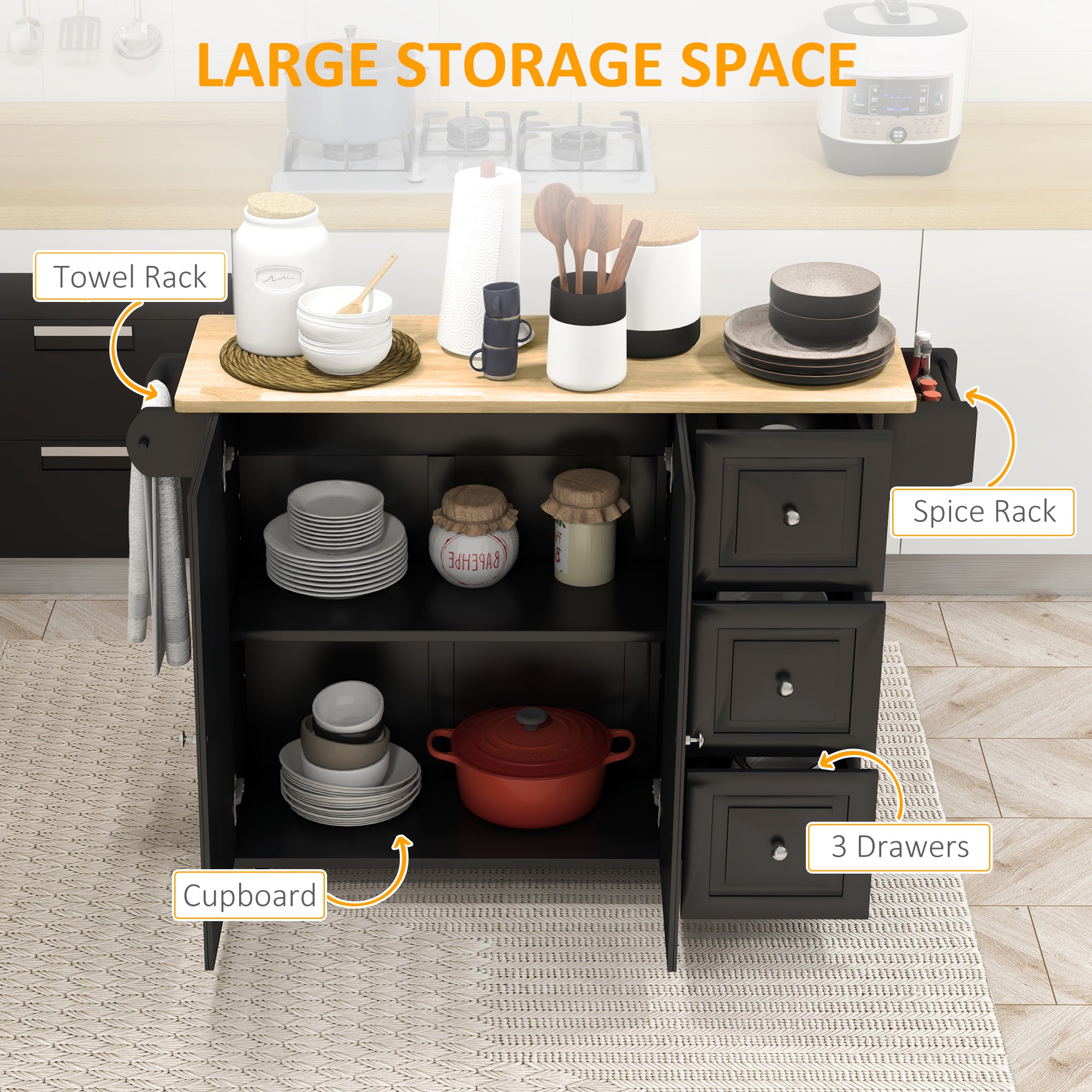 Kitchen Island on Wheels with Drop Leaf - Black 45" W-DECOROLALA
