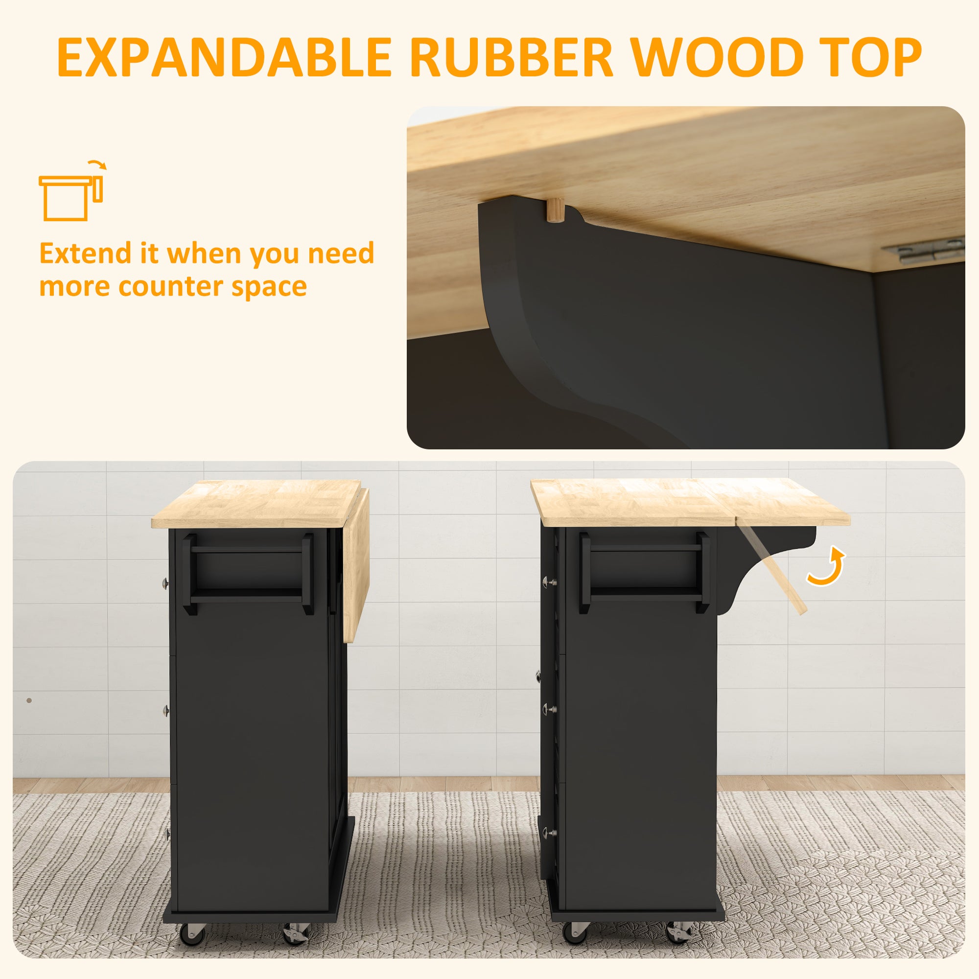 Kitchen Island on Wheels with Drop Leaf - Black 45" W-DECOROLALA