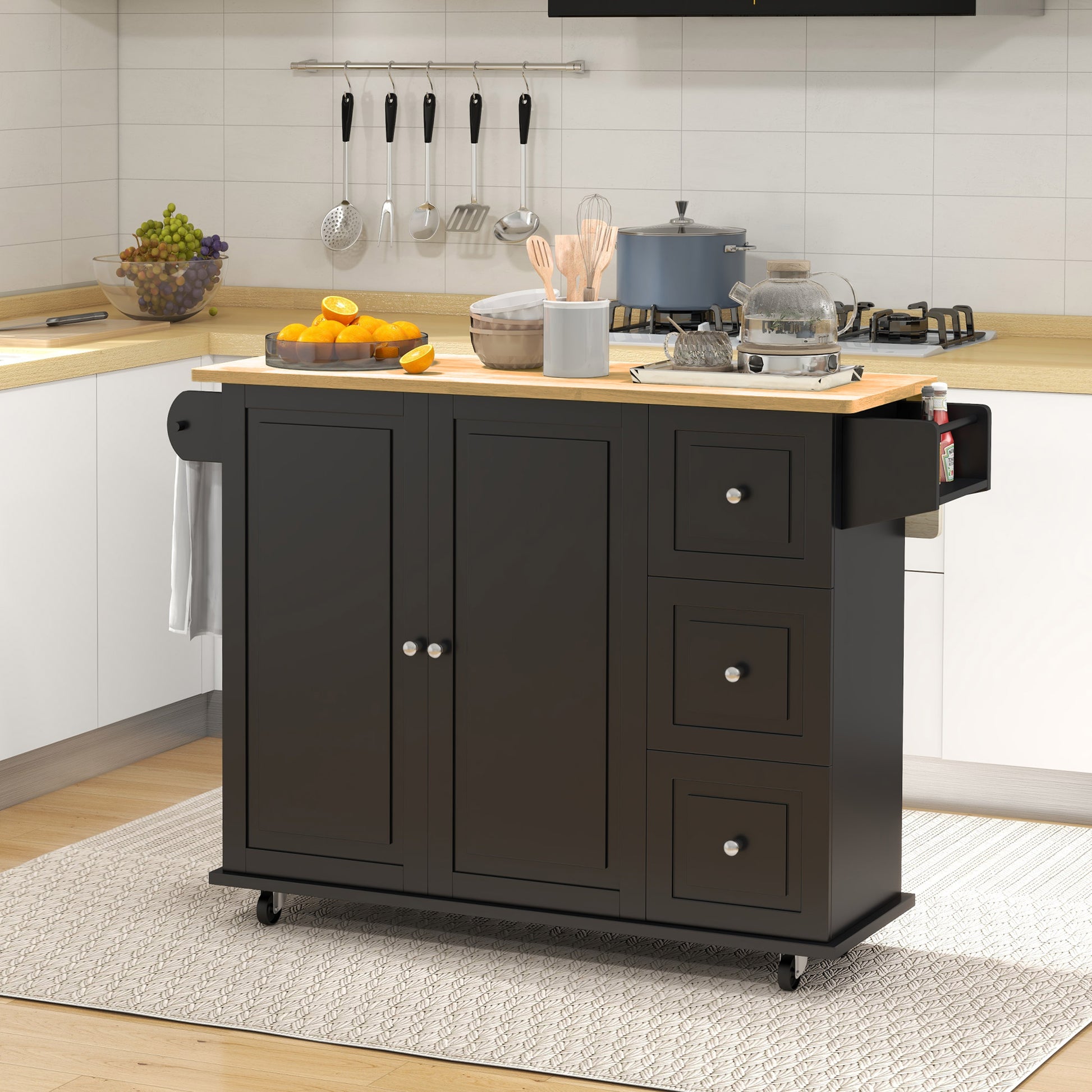 Kitchen Island on Wheels with Drop Leaf - Black 45" W-DECOROLALA