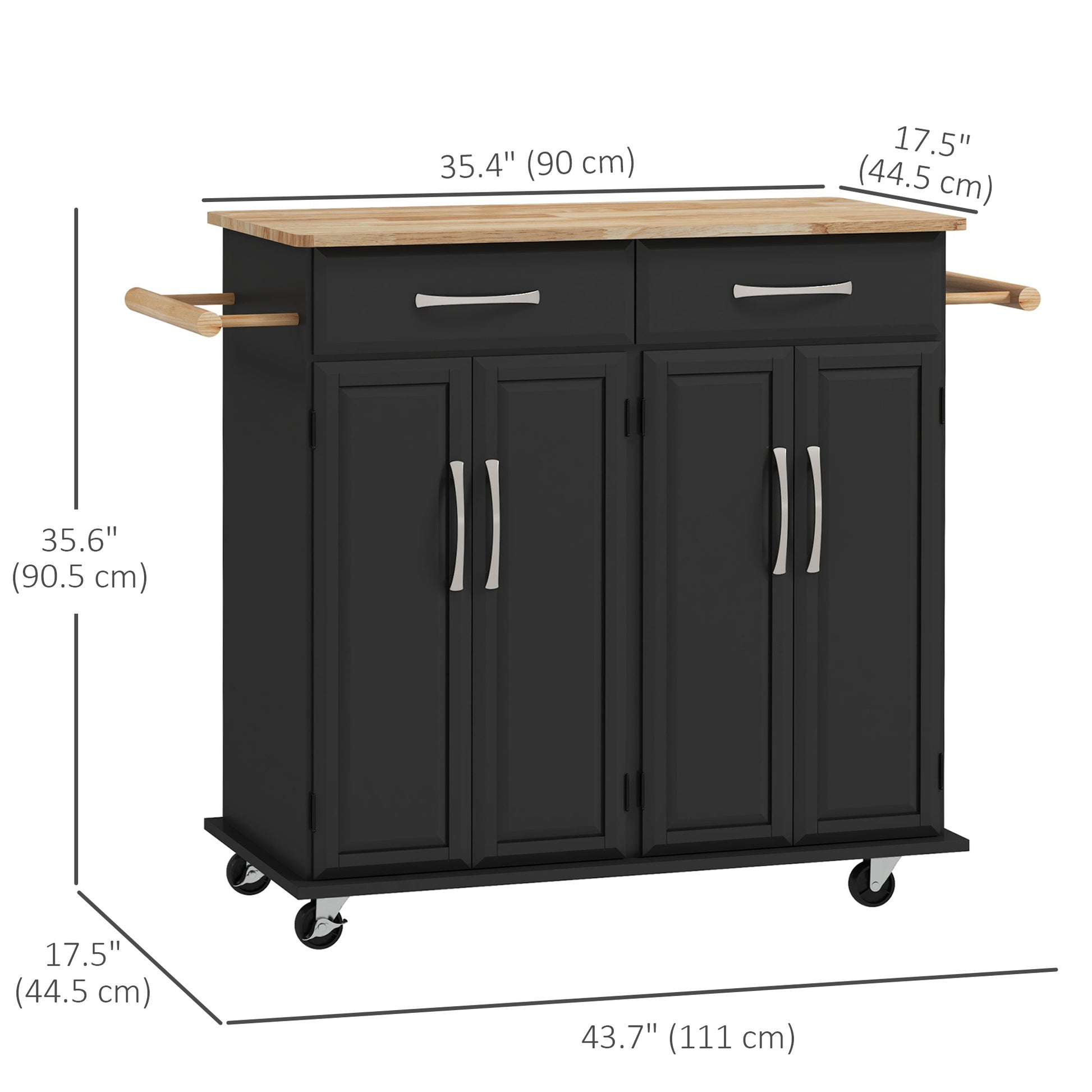 Kitchen Island on Wheels with Rubberwood Top - Black-DECOROLALA