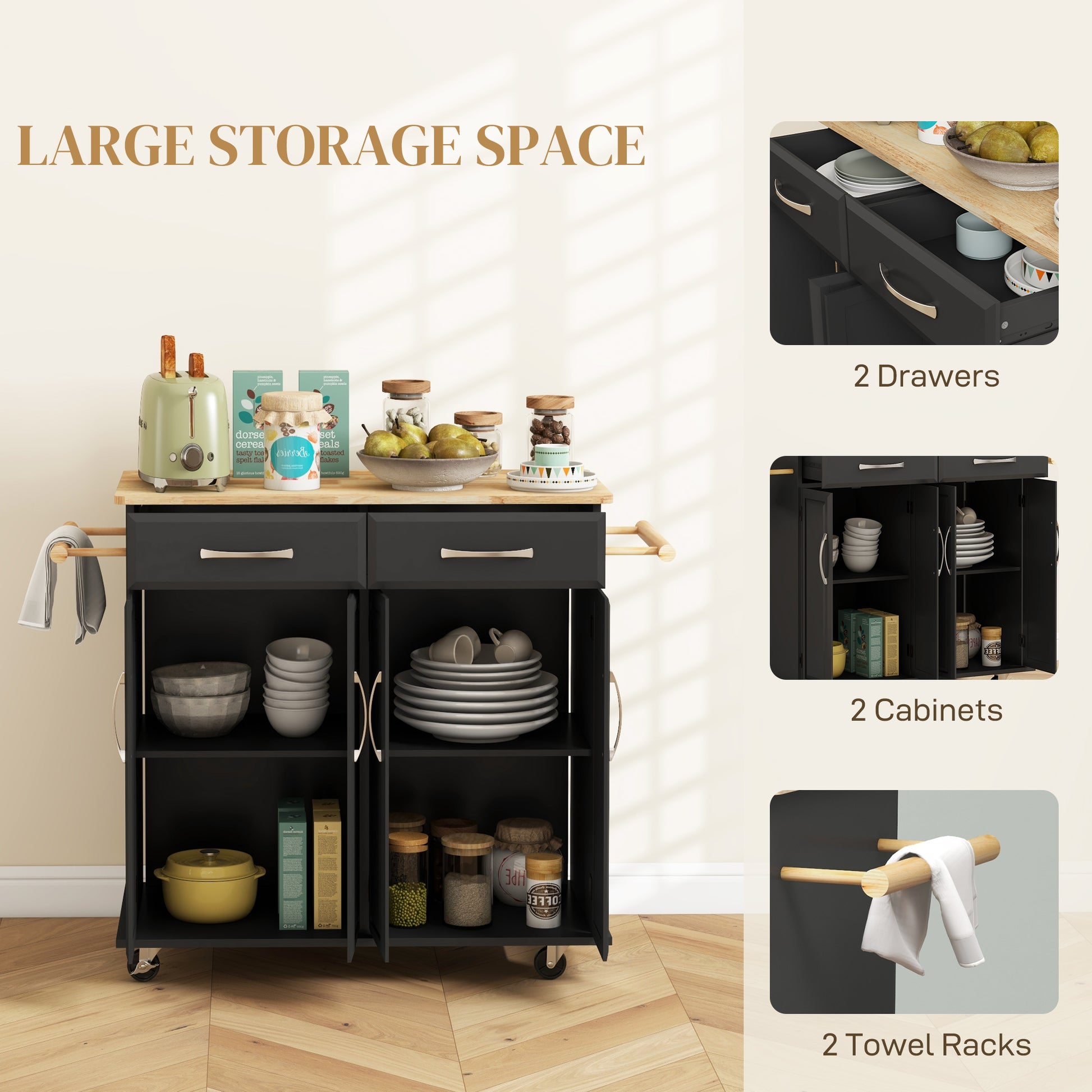 Kitchen Island on Wheels with Rubberwood Top - Black-DECOROLALA
