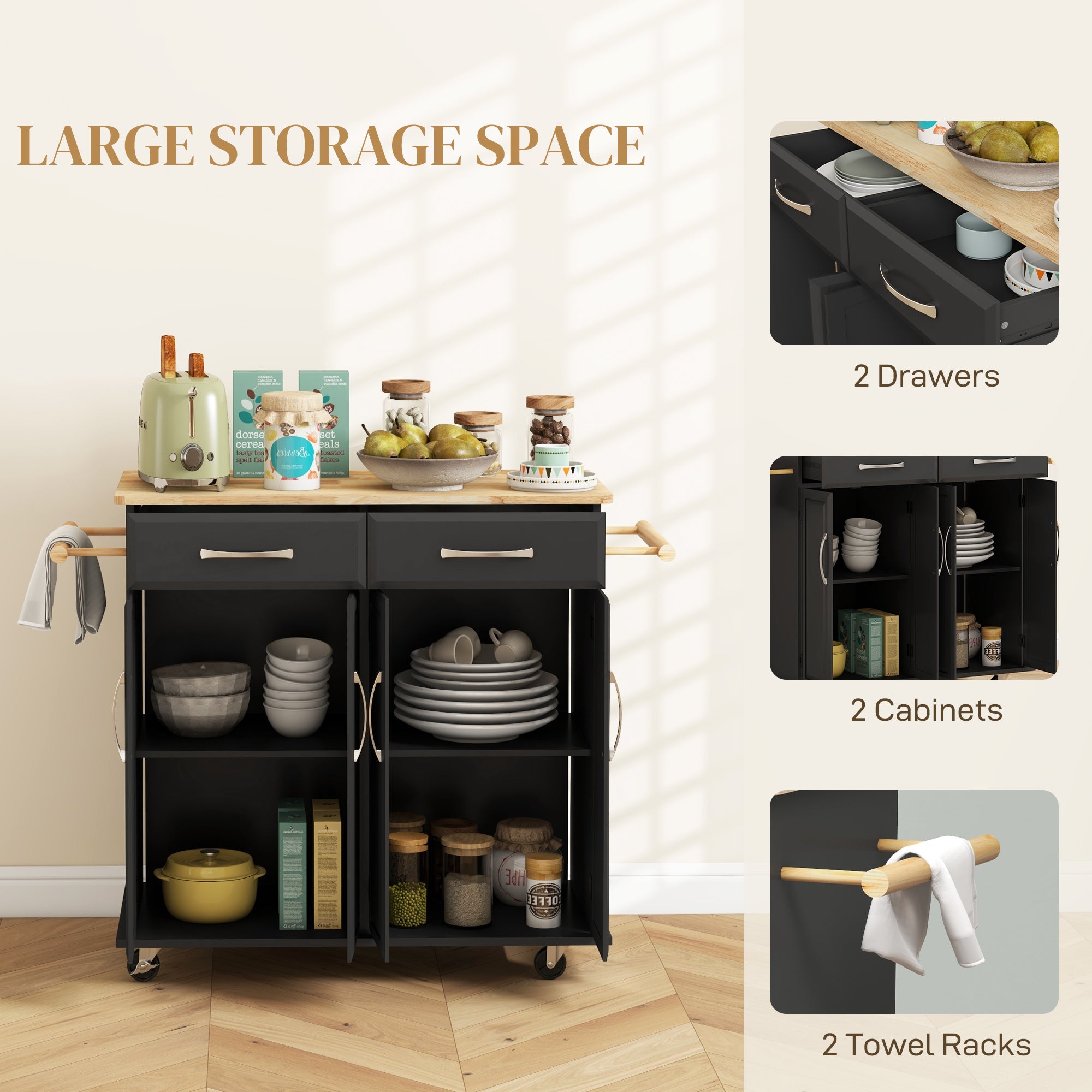 Kitchen Island on Wheels with Rubberwood Top - Black-DECOROLALA