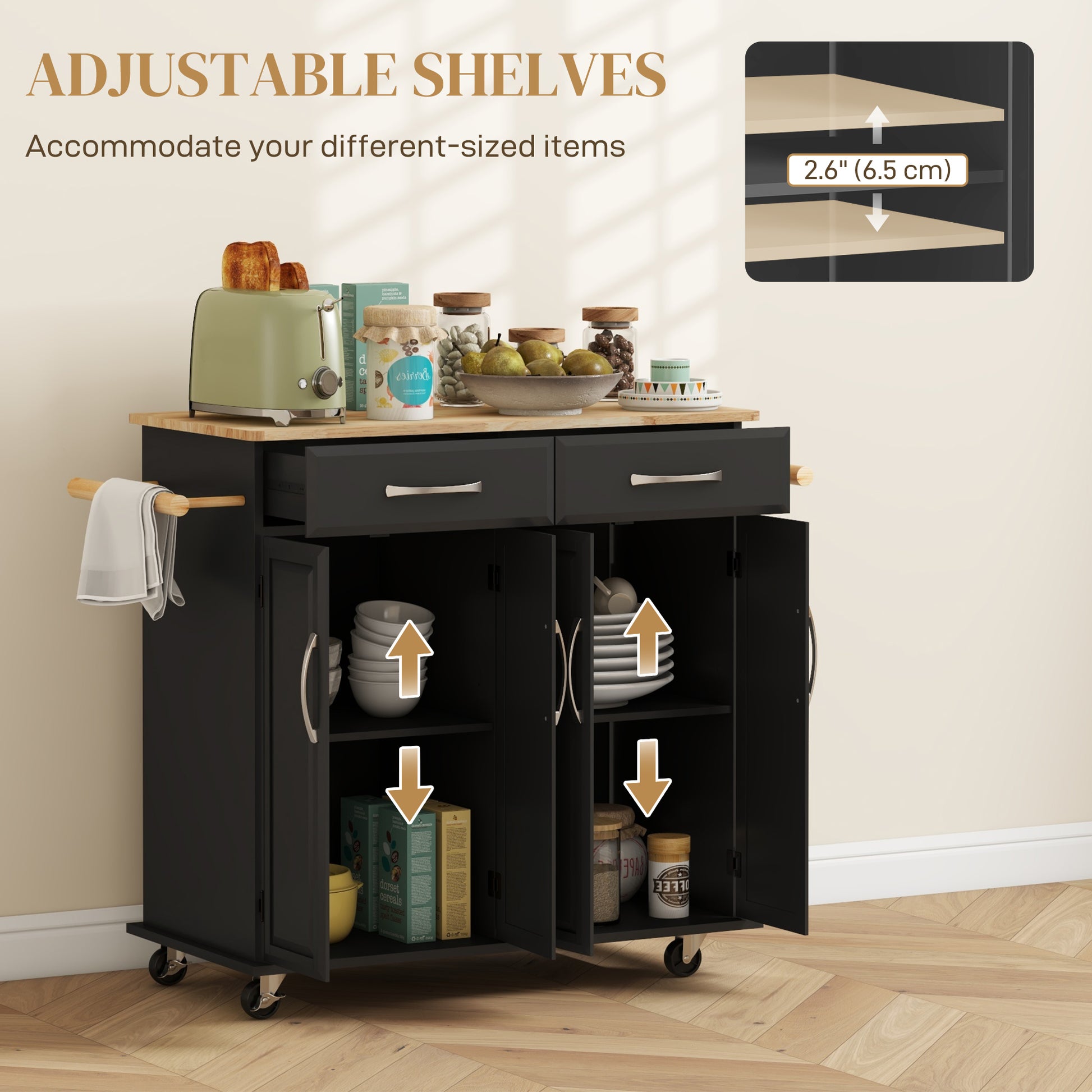 Kitchen Island on Wheels with Rubberwood Top - Black-DECOROLALA
