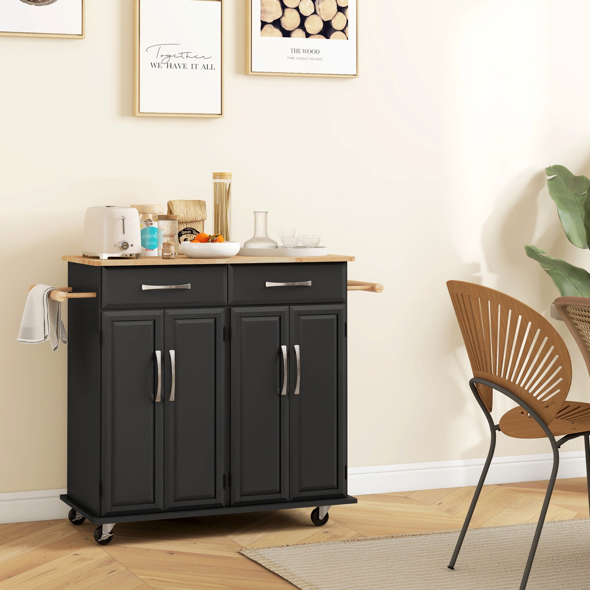 Kitchen Island on Wheels with Rubberwood Top - Black-DECOROLALA