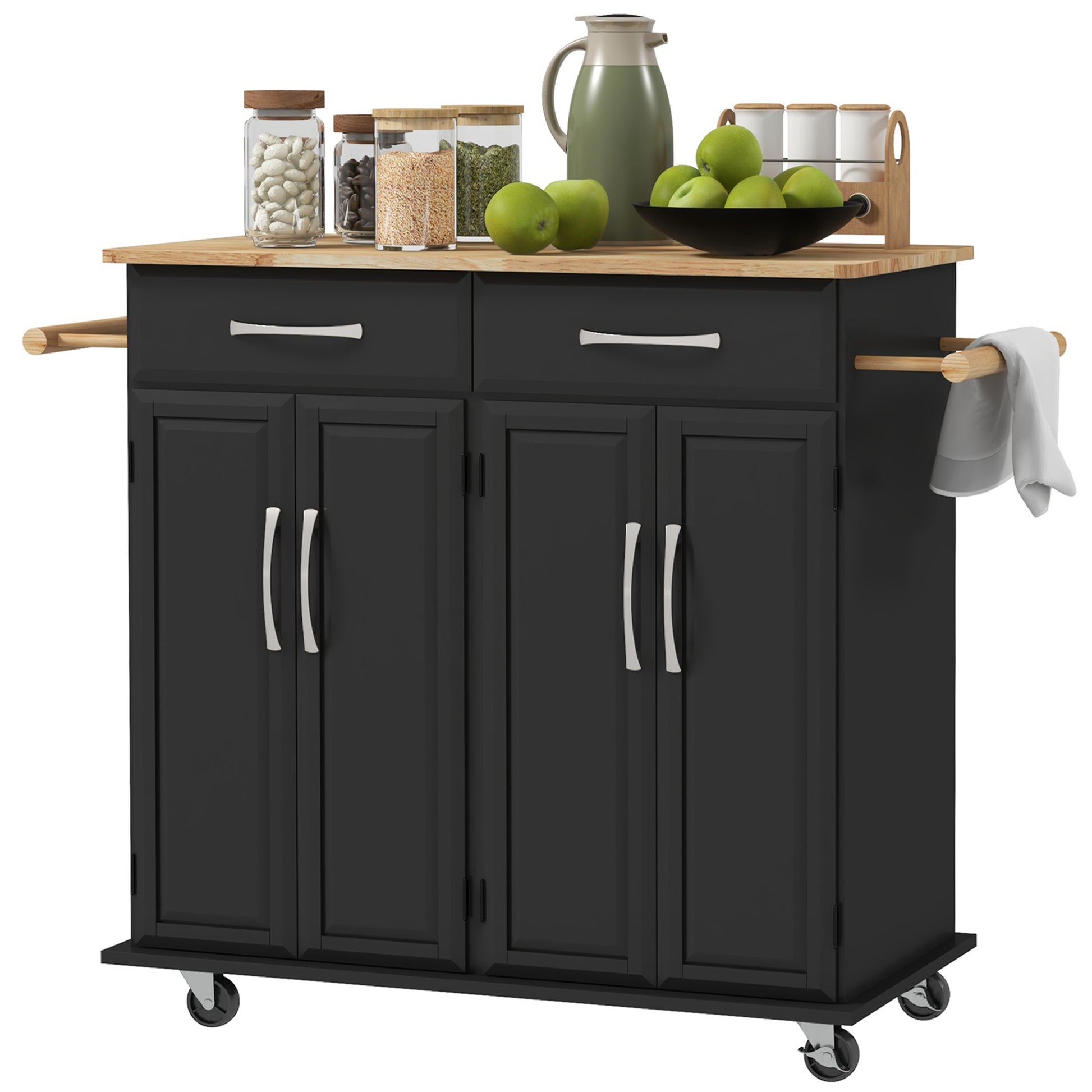 Kitchen Island on Wheels with Rubberwood Top - Black-DECOROLALA