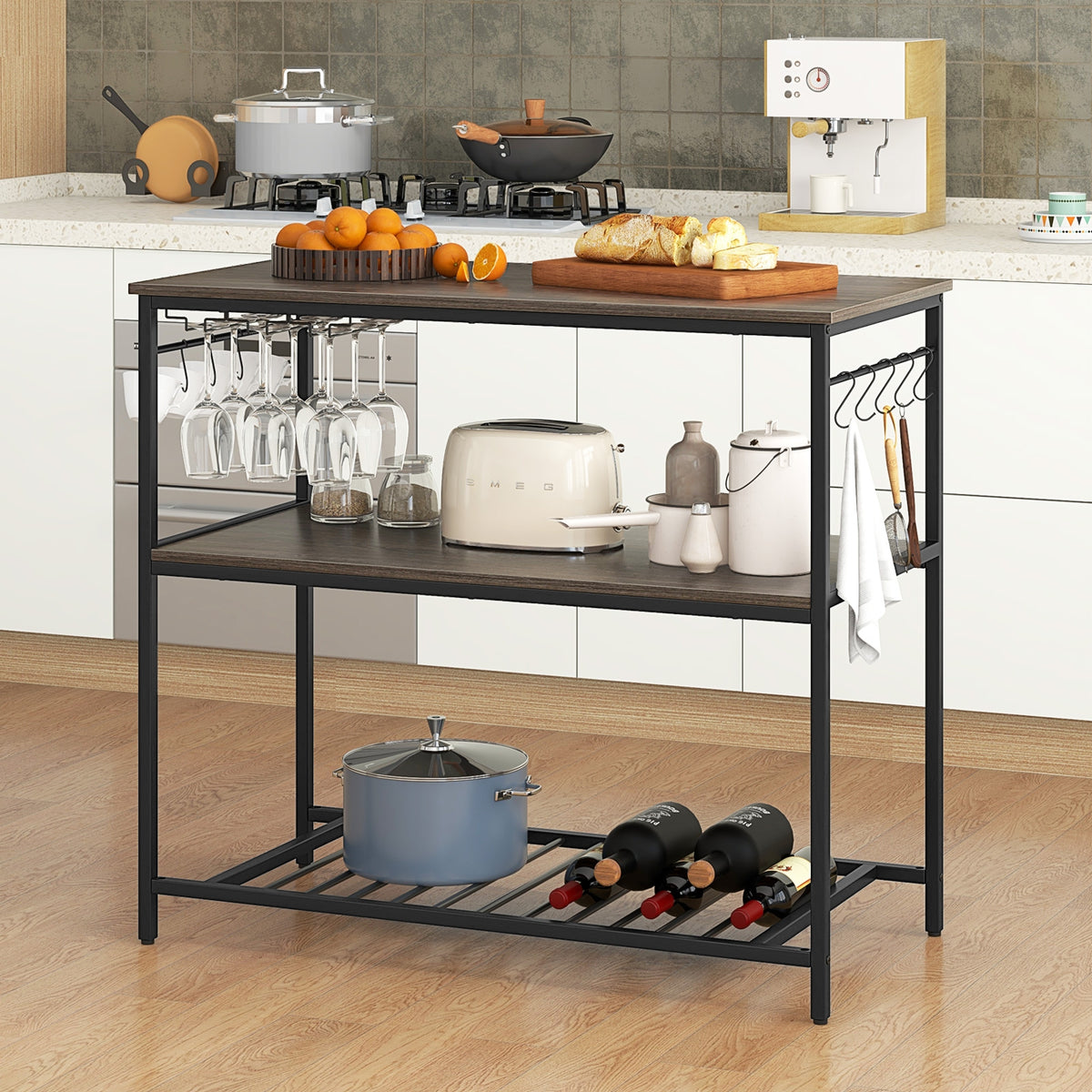Kitchen Island with 3 Shelves Wine Glass Holders and 10 Hooks-Gray-Baker’s Racks-DECOROLALA