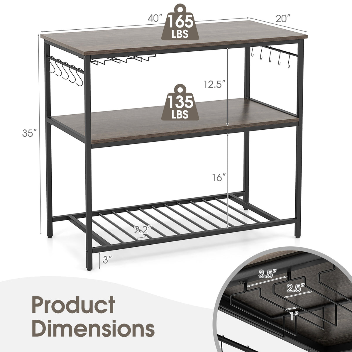 Kitchen Island with 3 Shelves Wine Glass Holders and 10 Hooks-Gray-Baker’s Racks-DECOROLALA