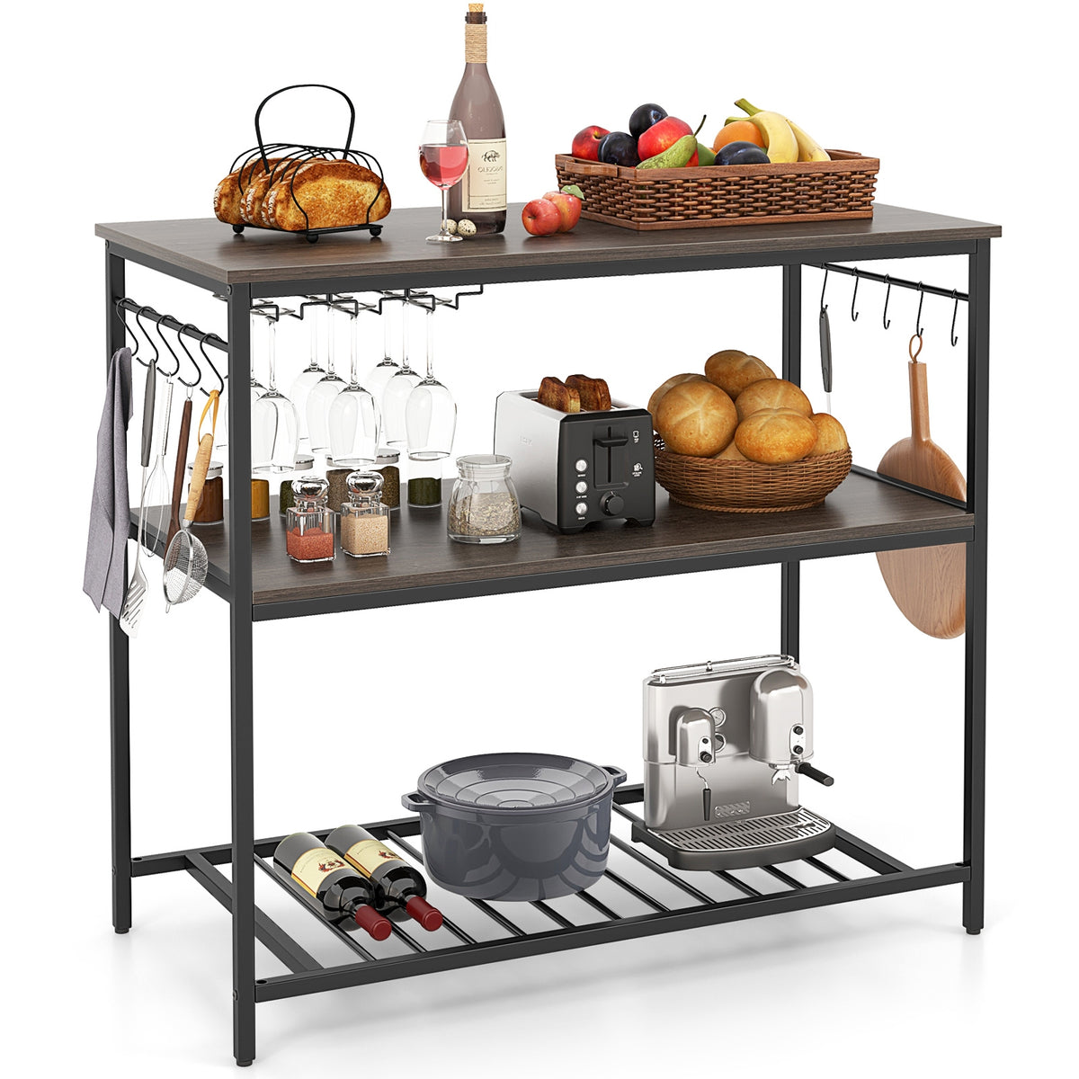 Kitchen Island with 3 Shelves Wine Glass Holders and 10 Hooks-Gray-Baker’s Racks-DECOROLALA