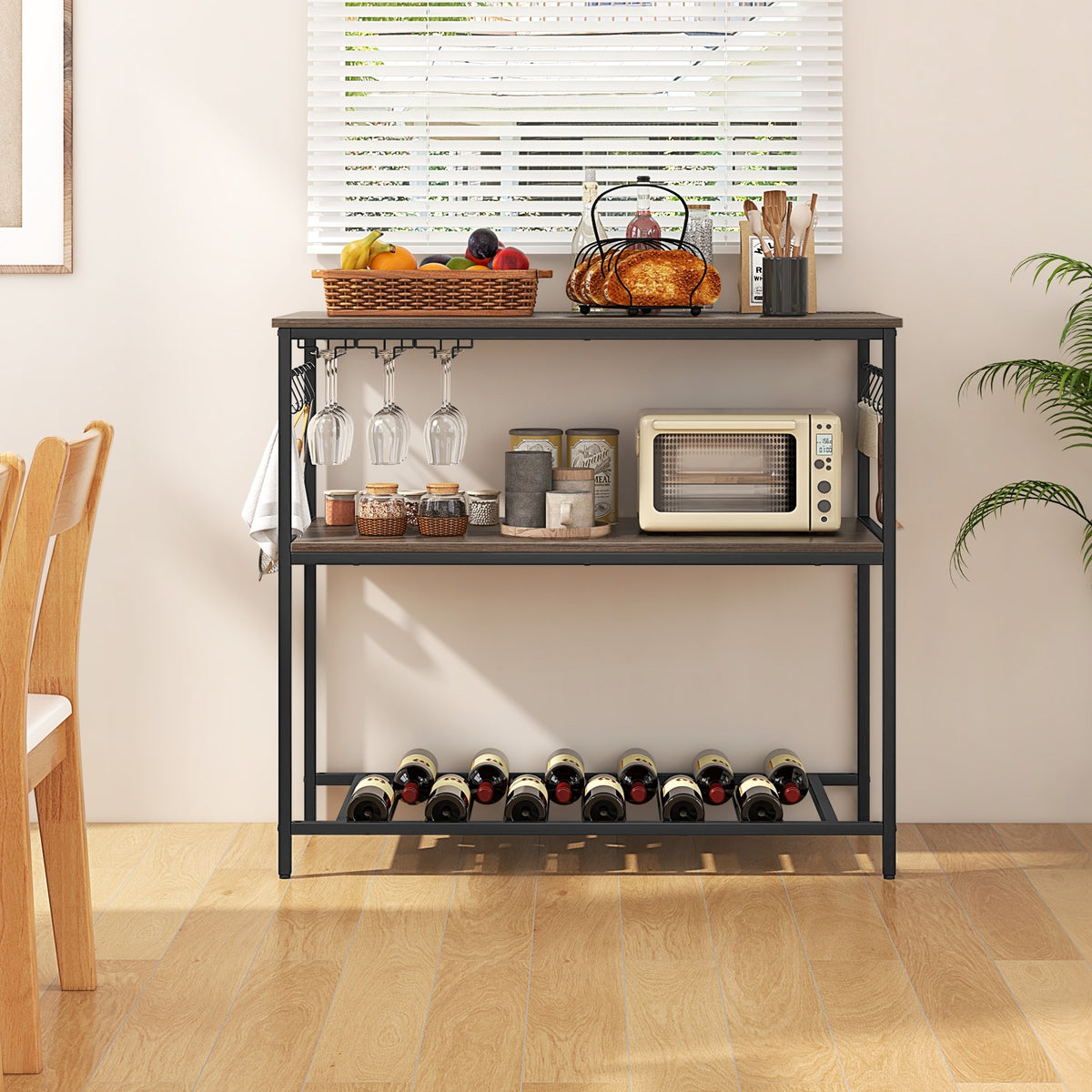 Kitchen Island with 3 Shelves Wine Glass Holders and 10 Hooks-Gray-Baker’s Racks-DECOROLALA