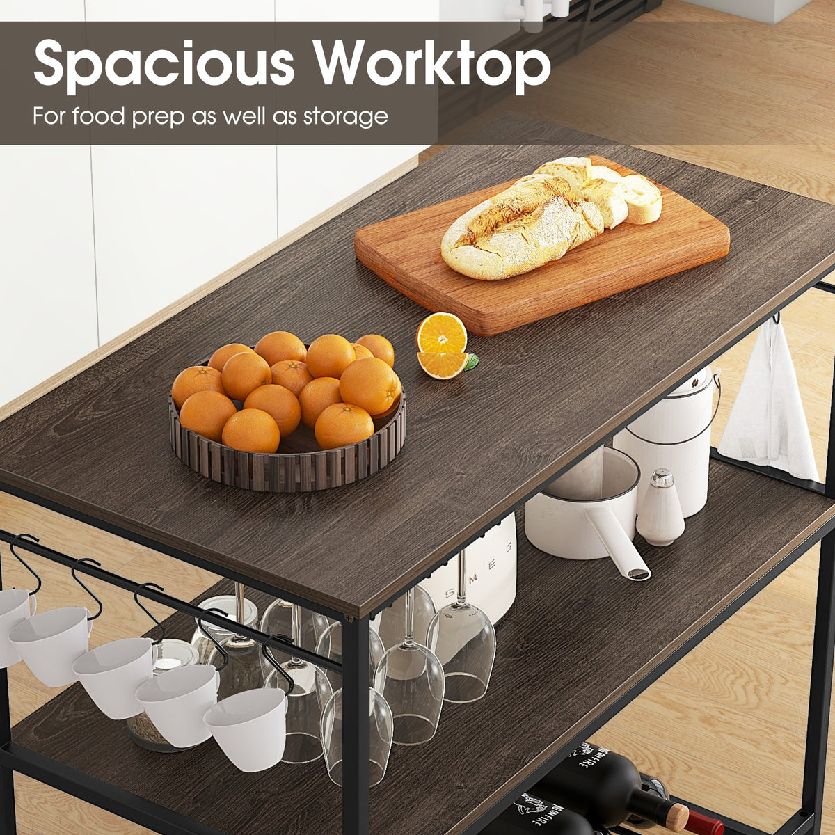 Kitchen Island with 3 Shelves Wine Glass Holders and 10 Hooks-Gray-Baker’s Racks-DECOROLALA