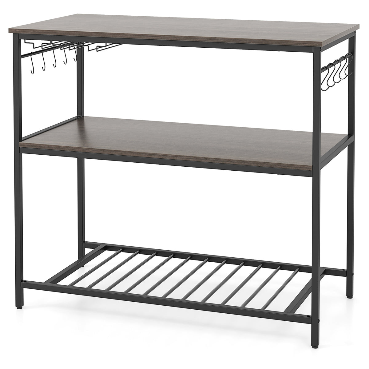 Kitchen Island with 3 Shelves Wine Glass Holders and 10 Hooks-Gray-Baker’s Racks-DECOROLALA