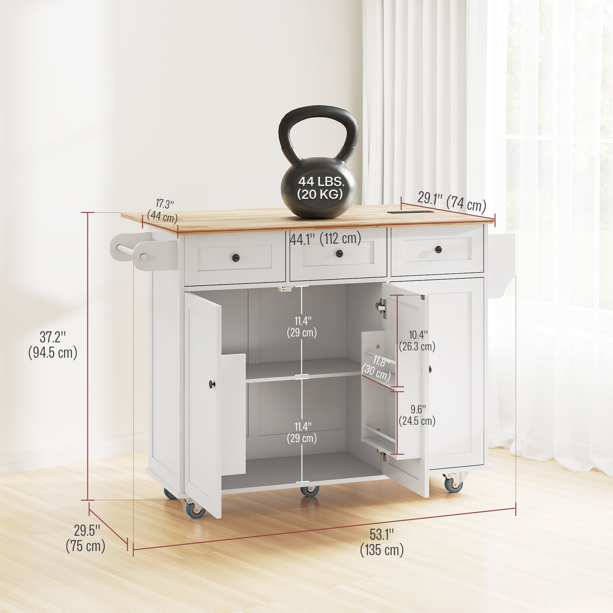 Kitchen Island with Drop Leaf & Charging Station - White-DECOROLALA