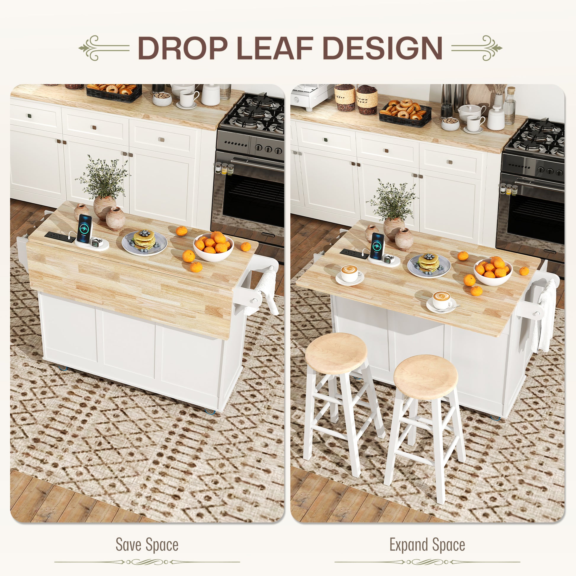 Kitchen Island with Drop Leaf & Charging Station - White-DECOROLALA