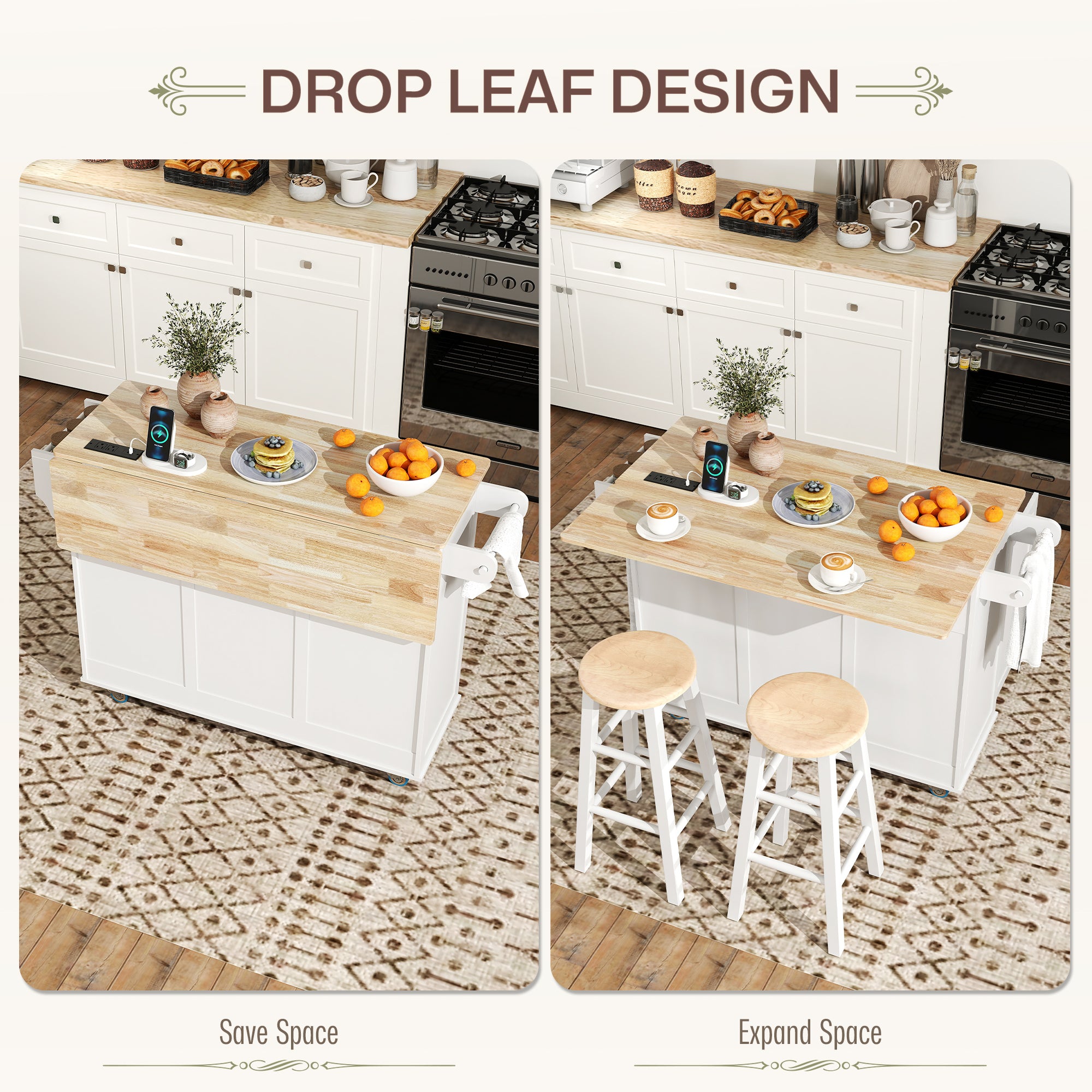 Kitchen Island with Drop Leaf & Charging Station - White-DECOROLALA