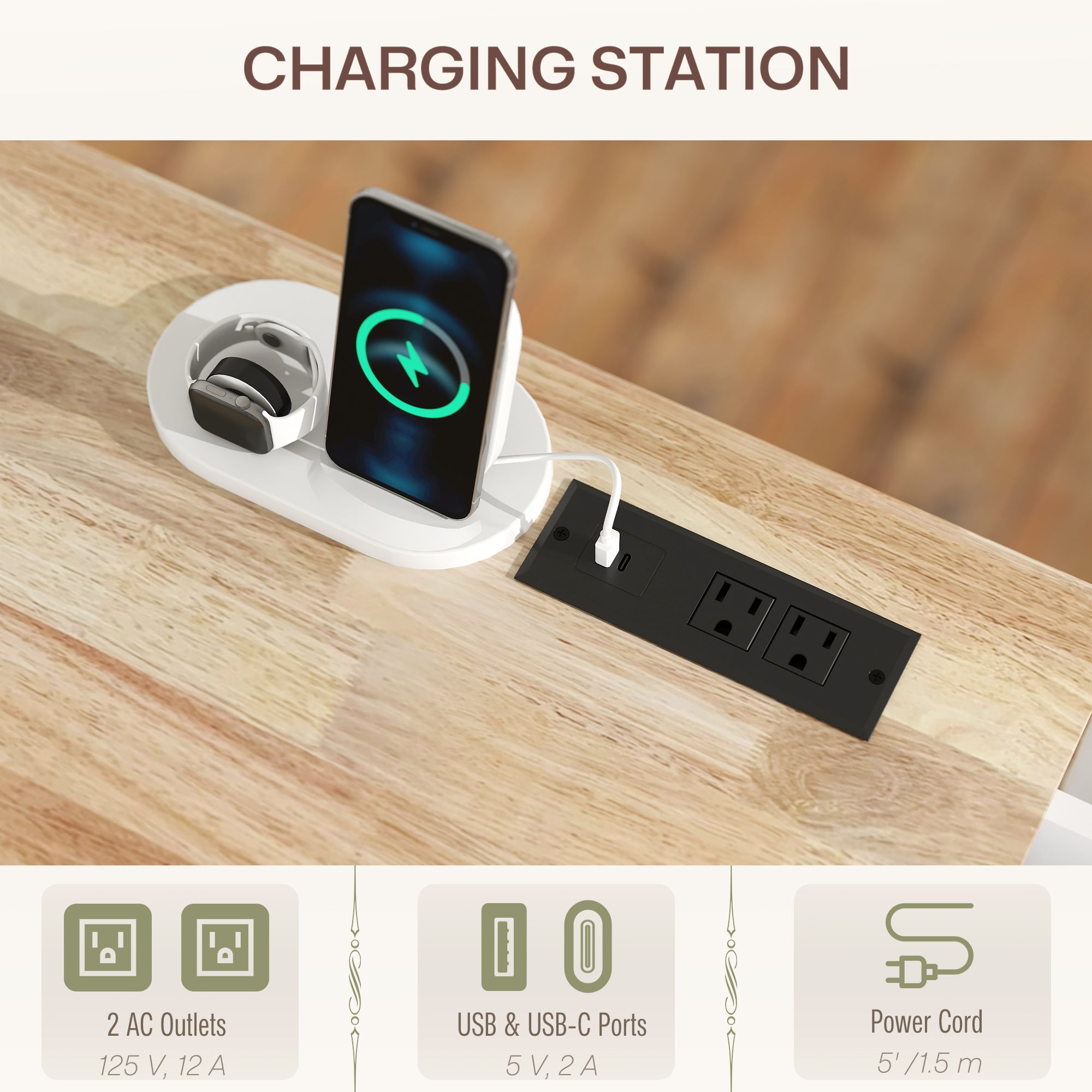 Kitchen Island with Drop Leaf & Charging Station - White-DECOROLALA