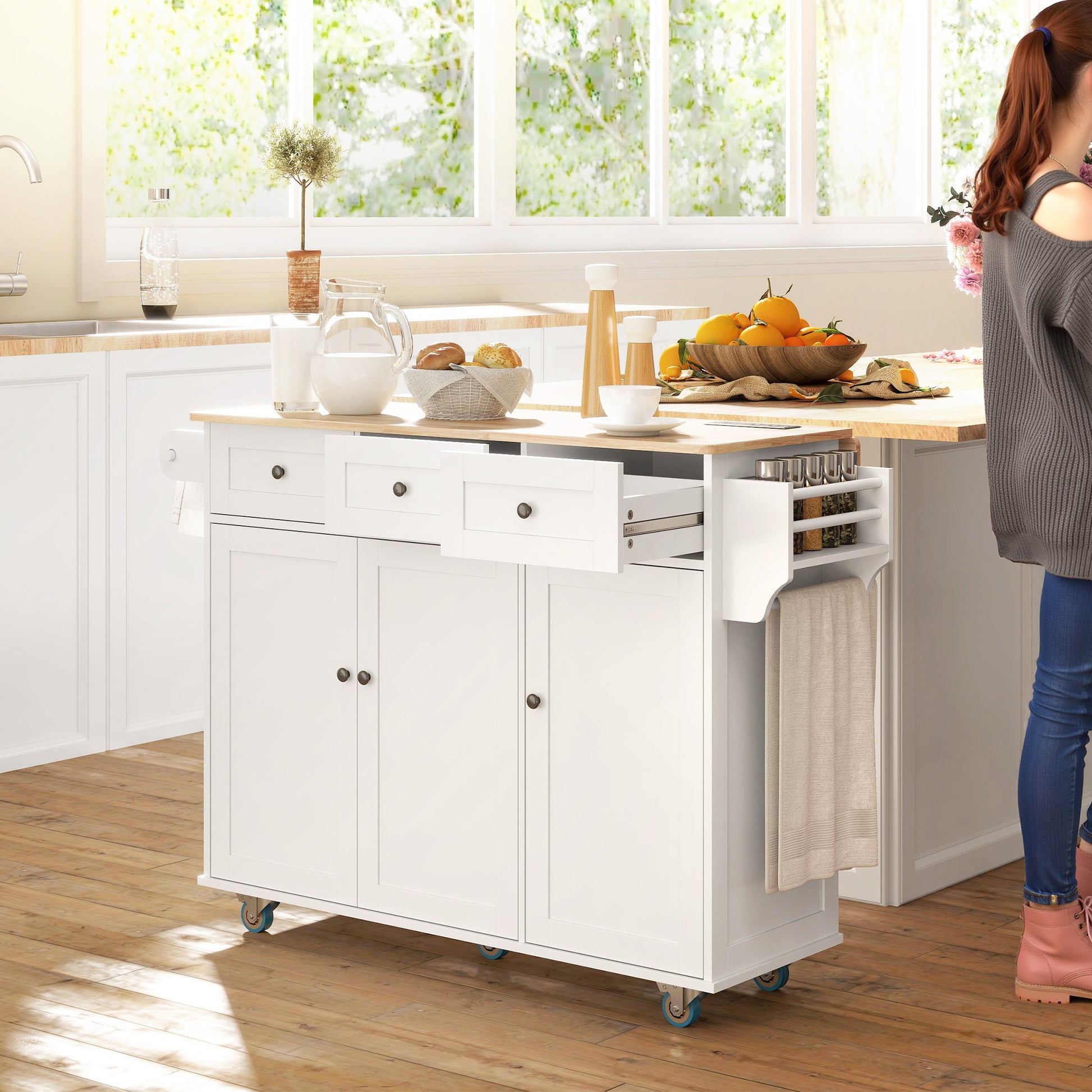 Kitchen Island with Drop Leaf & Charging Station - White-DECOROLALA