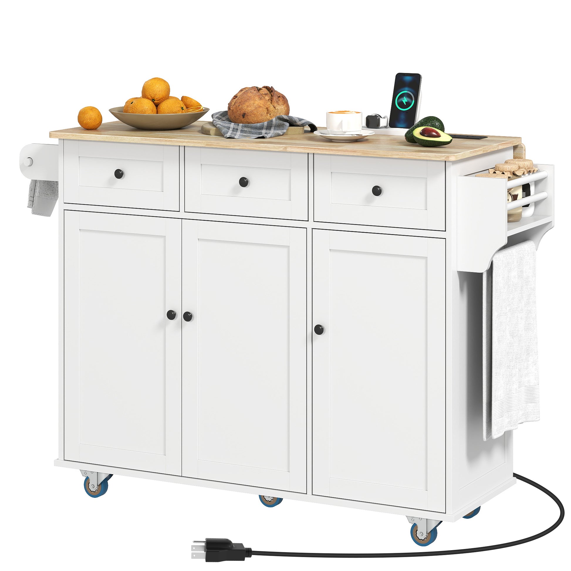 Kitchen Island with Drop Leaf & Charging Station - White-DECOROLALA