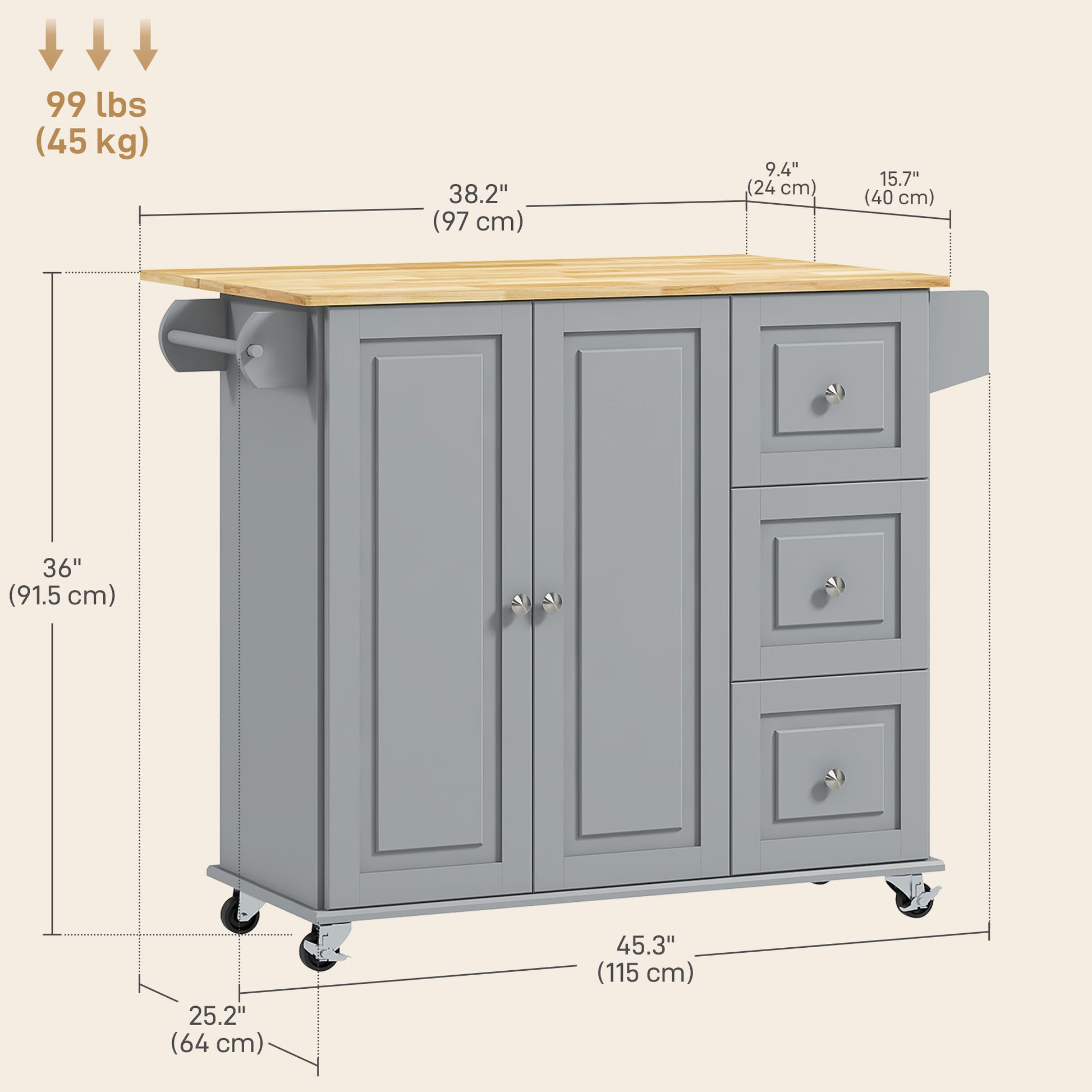 Kitchen Island with Drop Leaf - Grey Rolling Cart 45" W-DECOROLALA