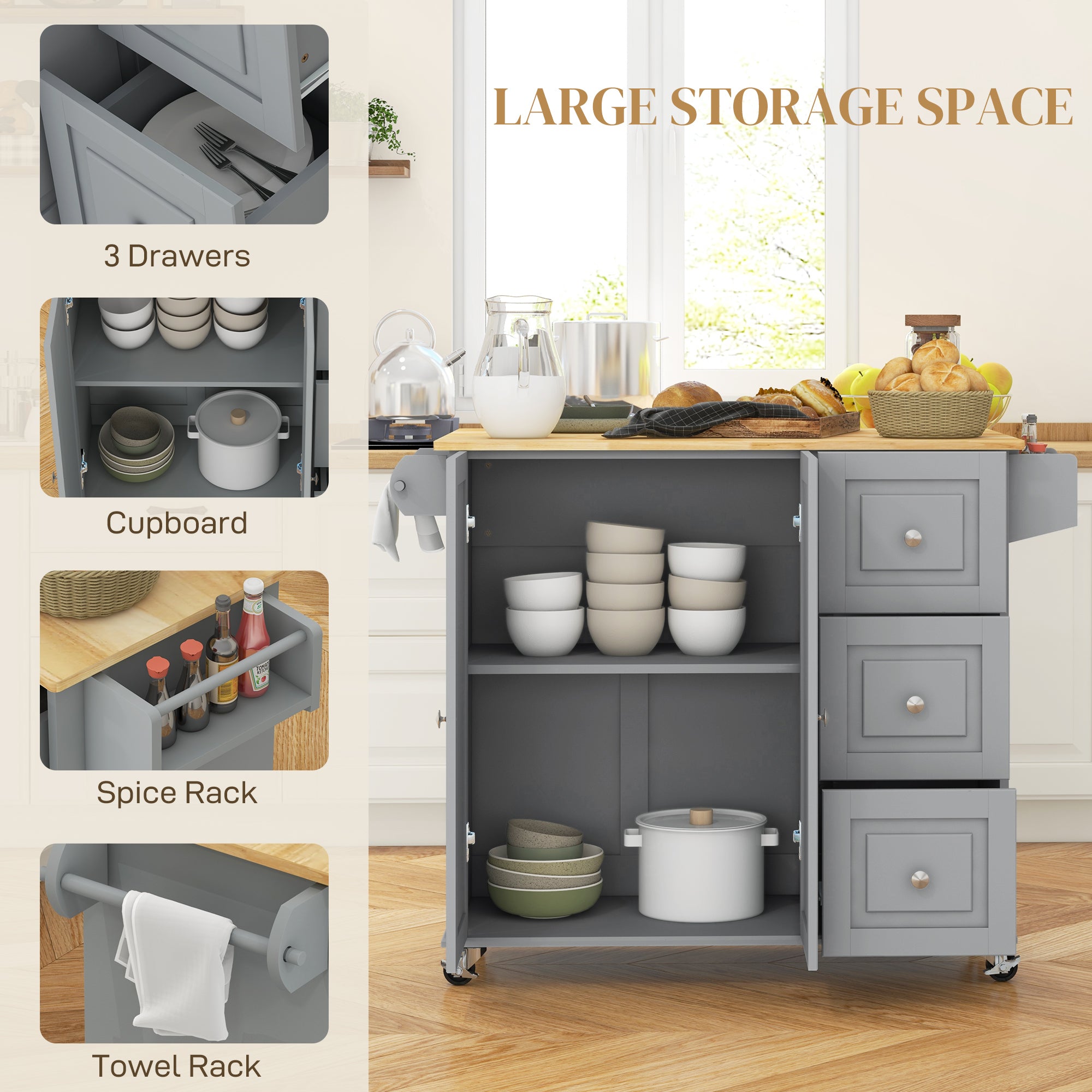 Kitchen Island with Drop Leaf - Grey Rolling Cart 45" W-DECOROLALA