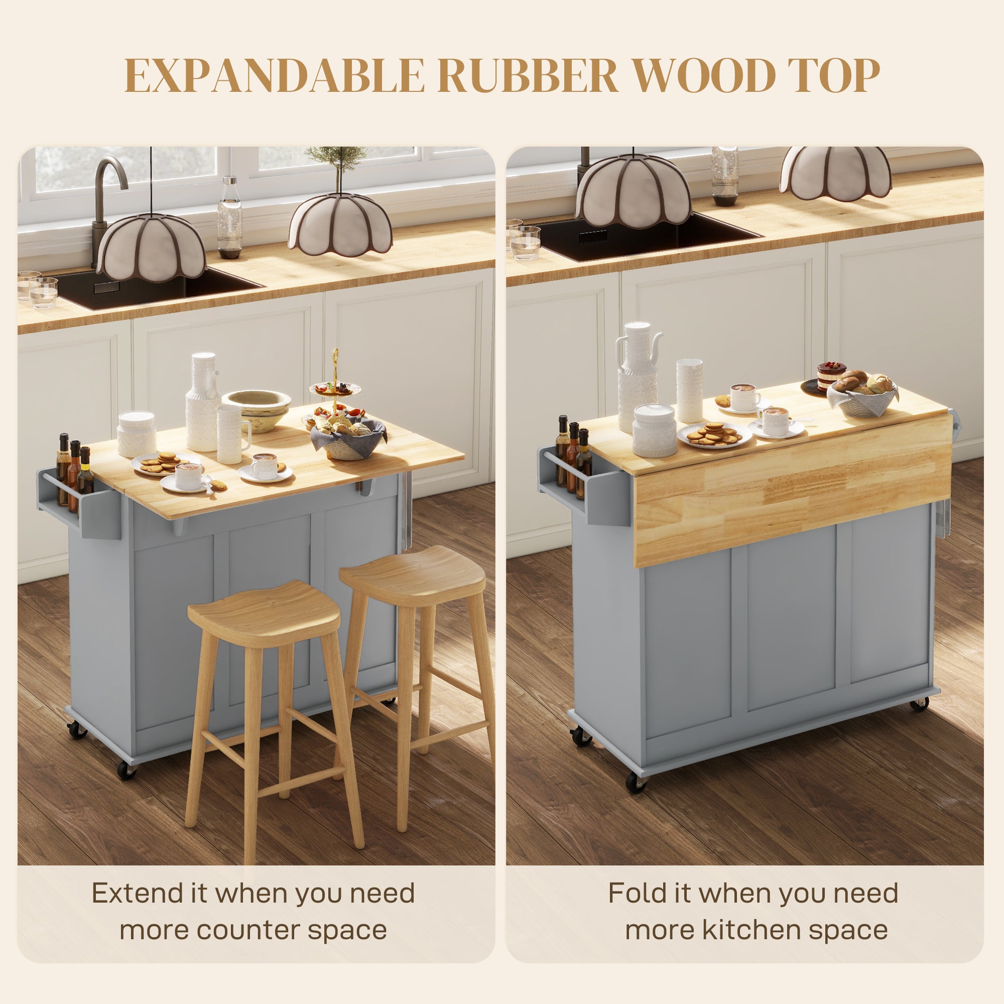 Kitchen Island with Drop Leaf - Grey Rolling Cart 45" W-DECOROLALA