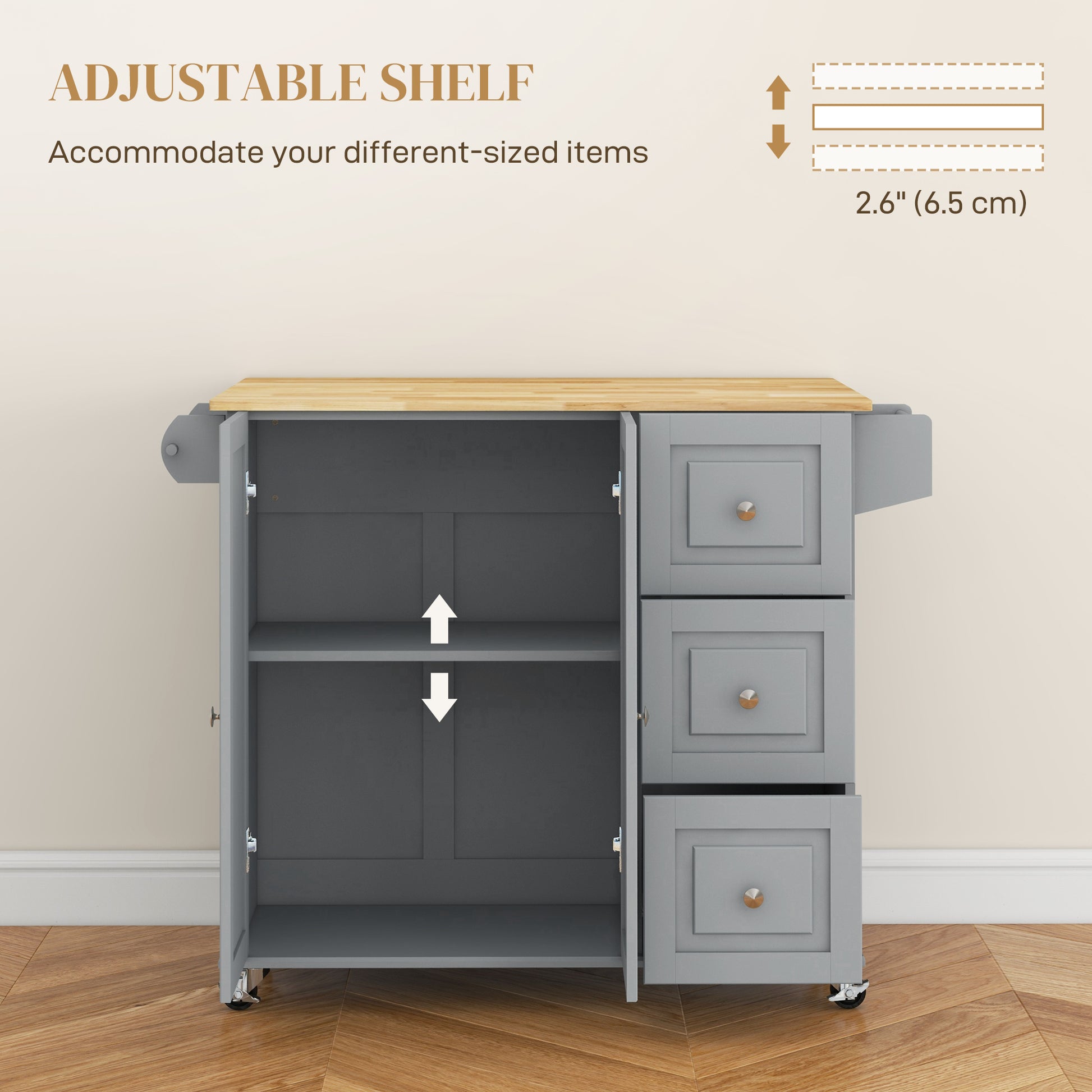 Kitchen Island with Drop Leaf - Grey Rolling Cart 45" W-DECOROLALA