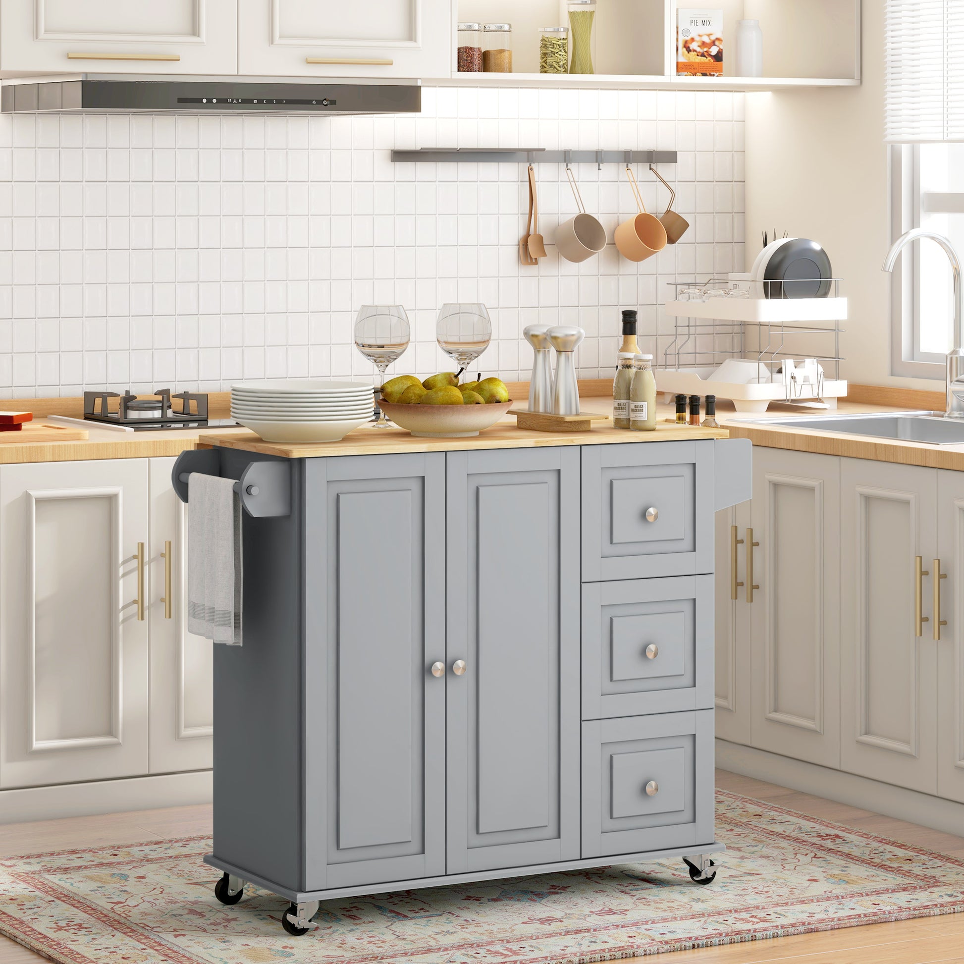 Kitchen Island with Drop Leaf - Grey Rolling Cart 45" W-DECOROLALA