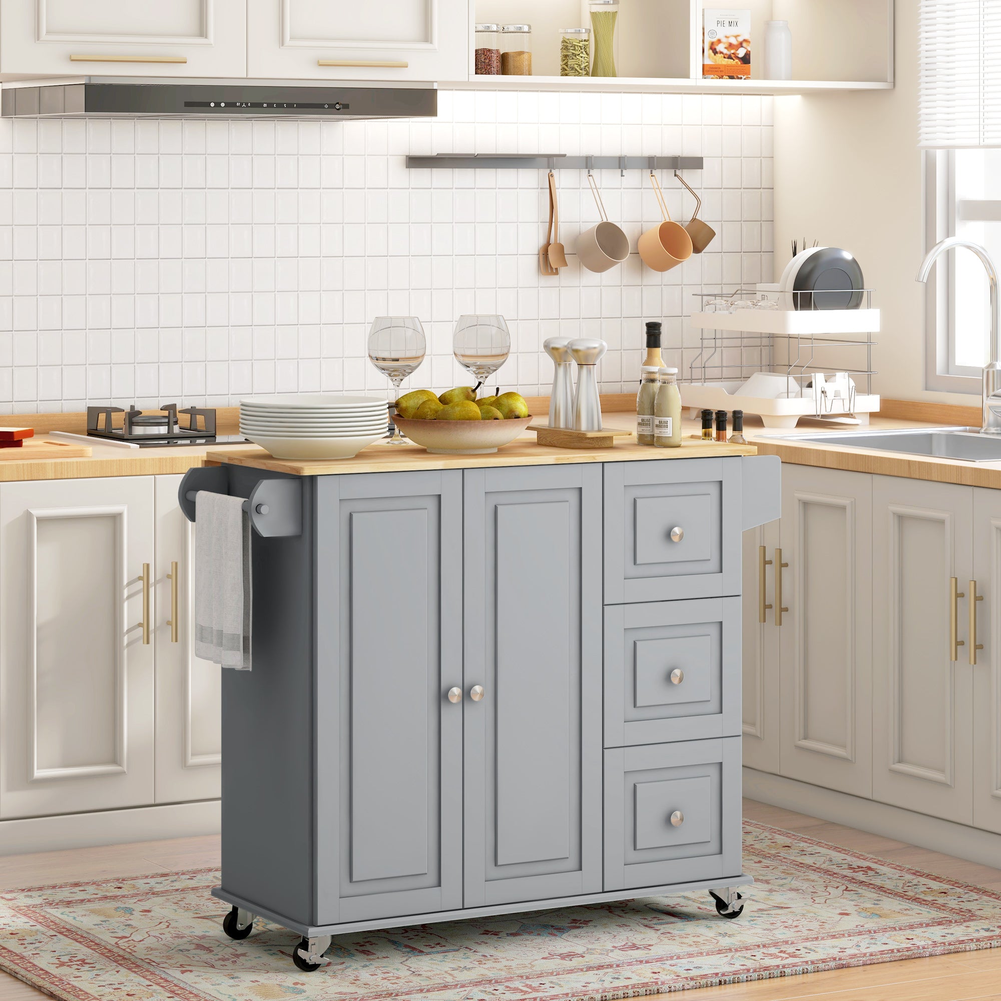 Kitchen Island with Drop Leaf - Grey Rolling Cart 45" W-DECOROLALA