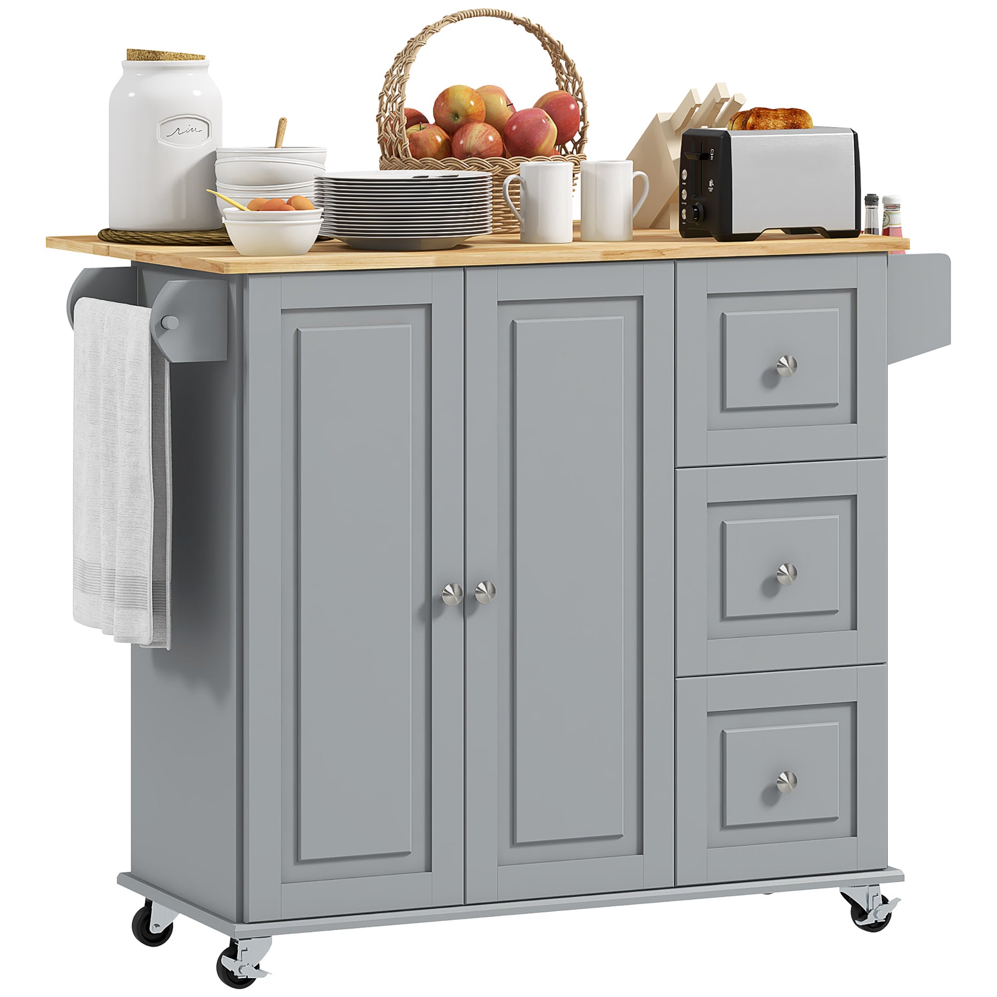 Kitchen Island with Drop Leaf - Grey Rolling Cart 45" W-DECOROLALA