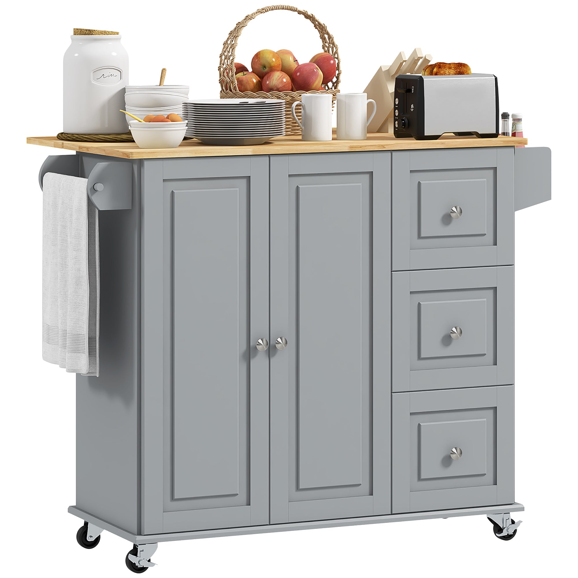 Kitchen Island with Drop Leaf - Grey Rolling Cart 45" W-DECOROLALA