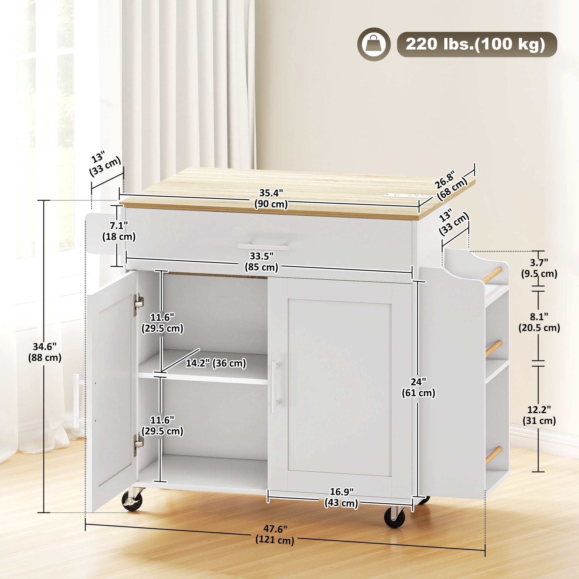 Kitchen Island with Drop Leaf, Power Outlet & USB - White-DECOROLALA