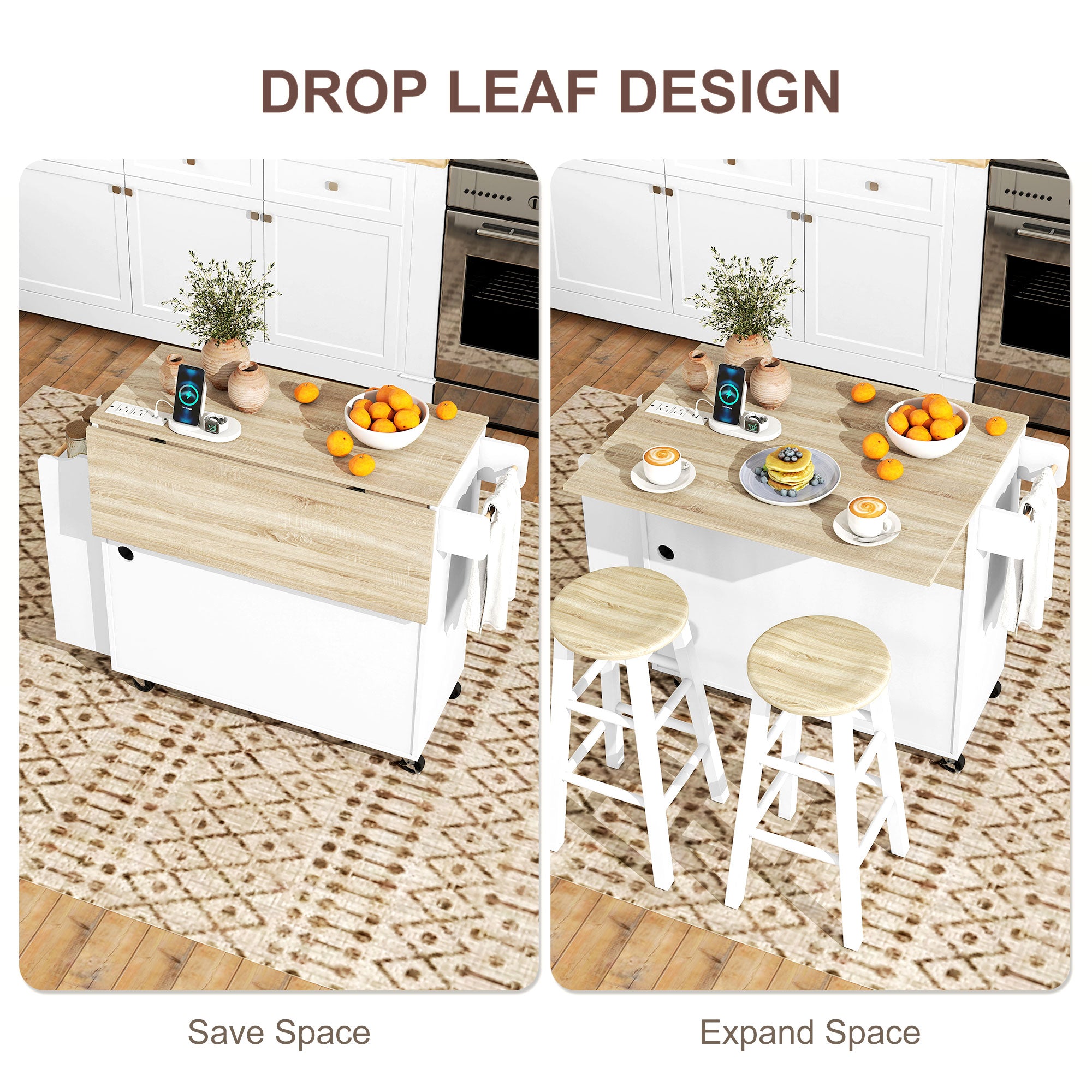 Kitchen Island with Drop Leaf, Power Outlet & USB - White-DECOROLALA