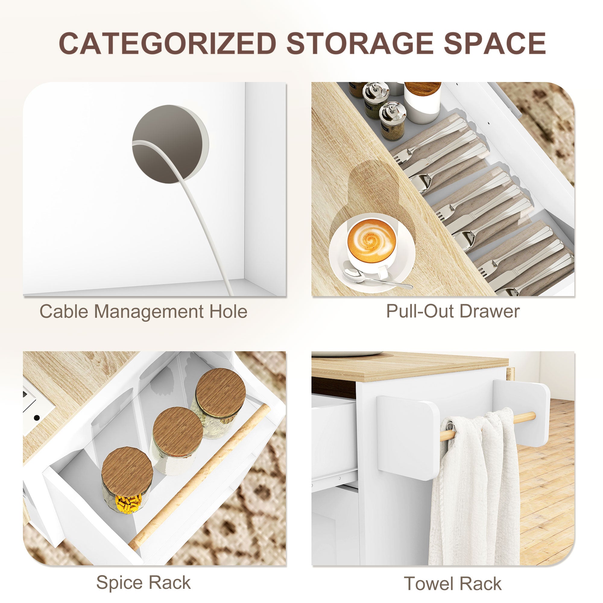 Kitchen Island with Drop Leaf, Power Outlet & USB - White-DECOROLALA
