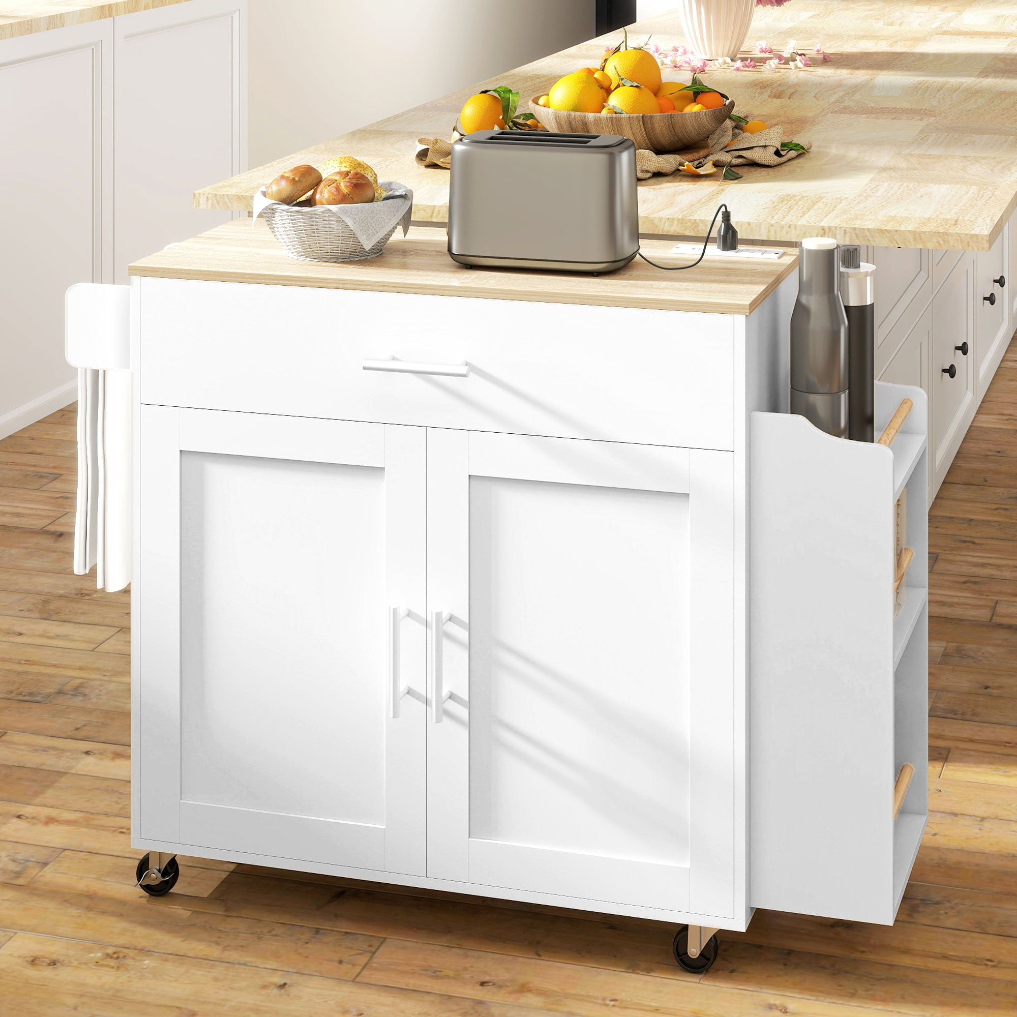 Kitchen Island with Drop Leaf, Power Outlet & USB - White-DECOROLALA