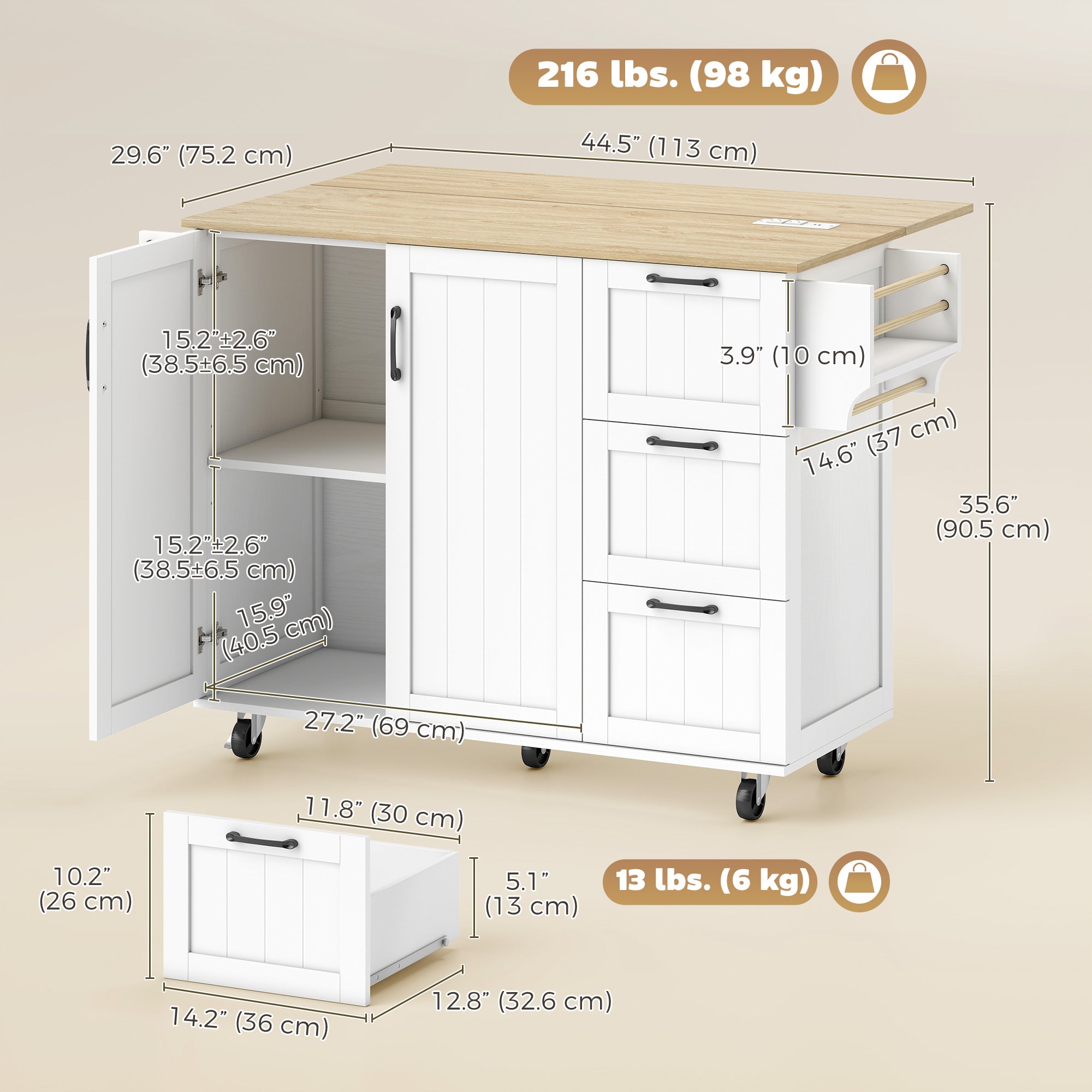 Kitchen Island with Drop Leaf & Power Outlet - White-DECOROLALA