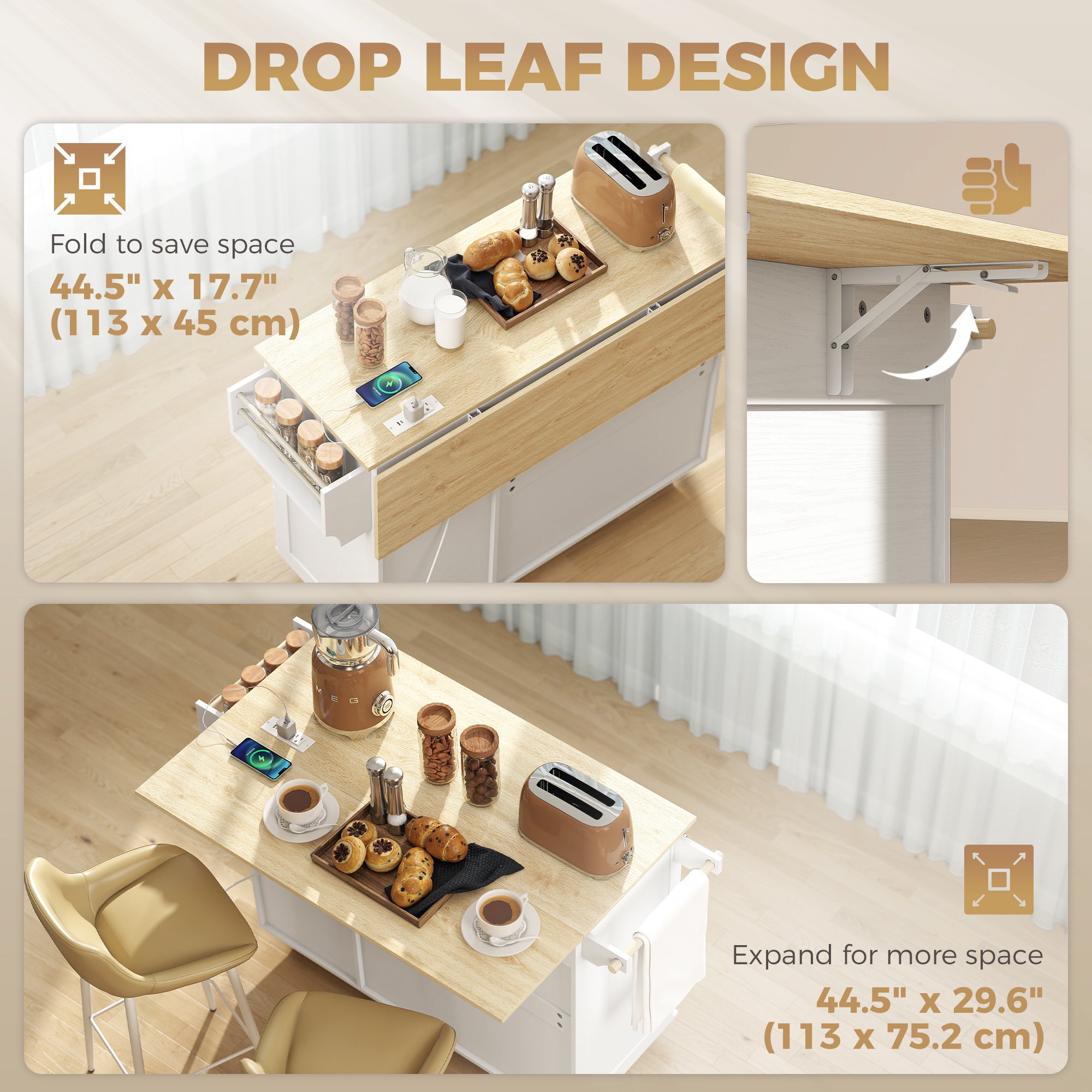 Kitchen Island with Drop Leaf & Power Outlet - White-DECOROLALA