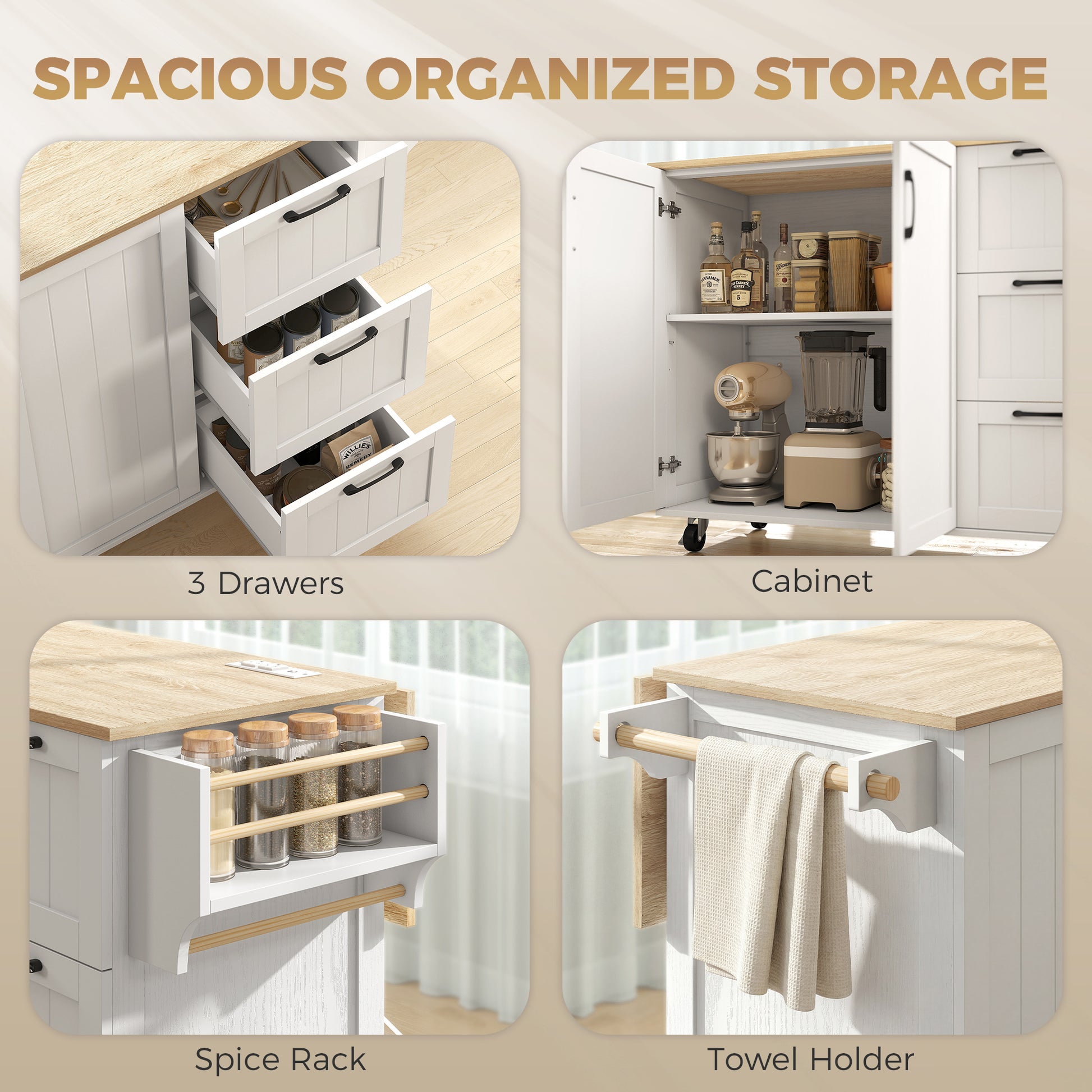 Kitchen Island with Drop Leaf & Power Outlet - White-DECOROLALA
