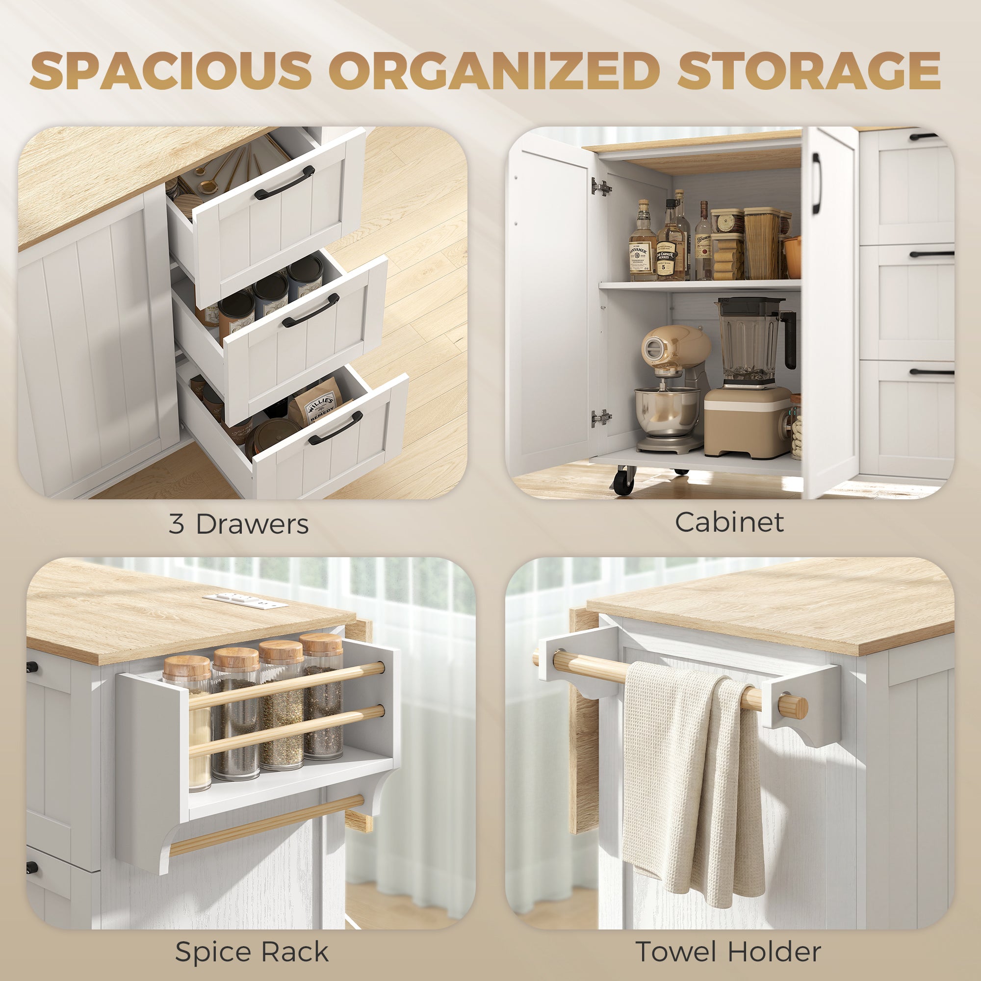 Kitchen Island with Drop Leaf & Power Outlet - White-DECOROLALA