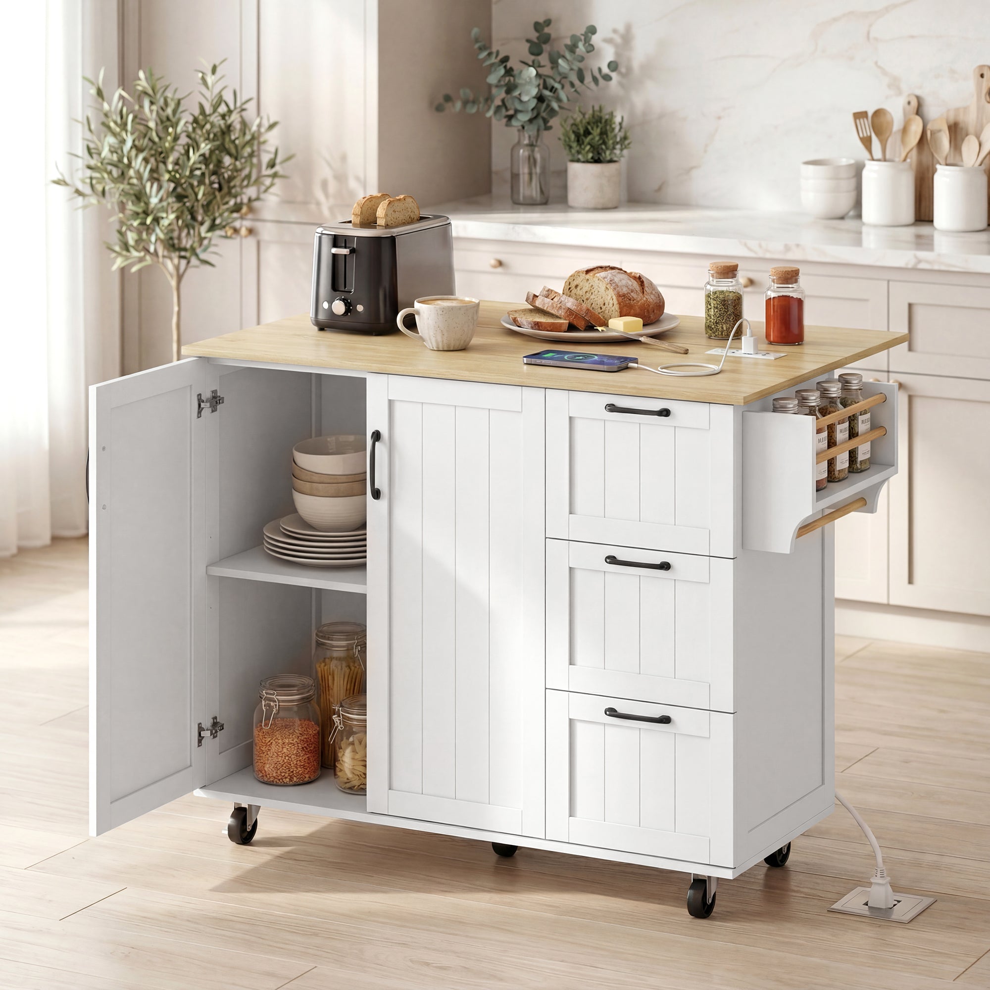 Kitchen Island with Drop Leaf & Power Outlet - White-DECOROLALA