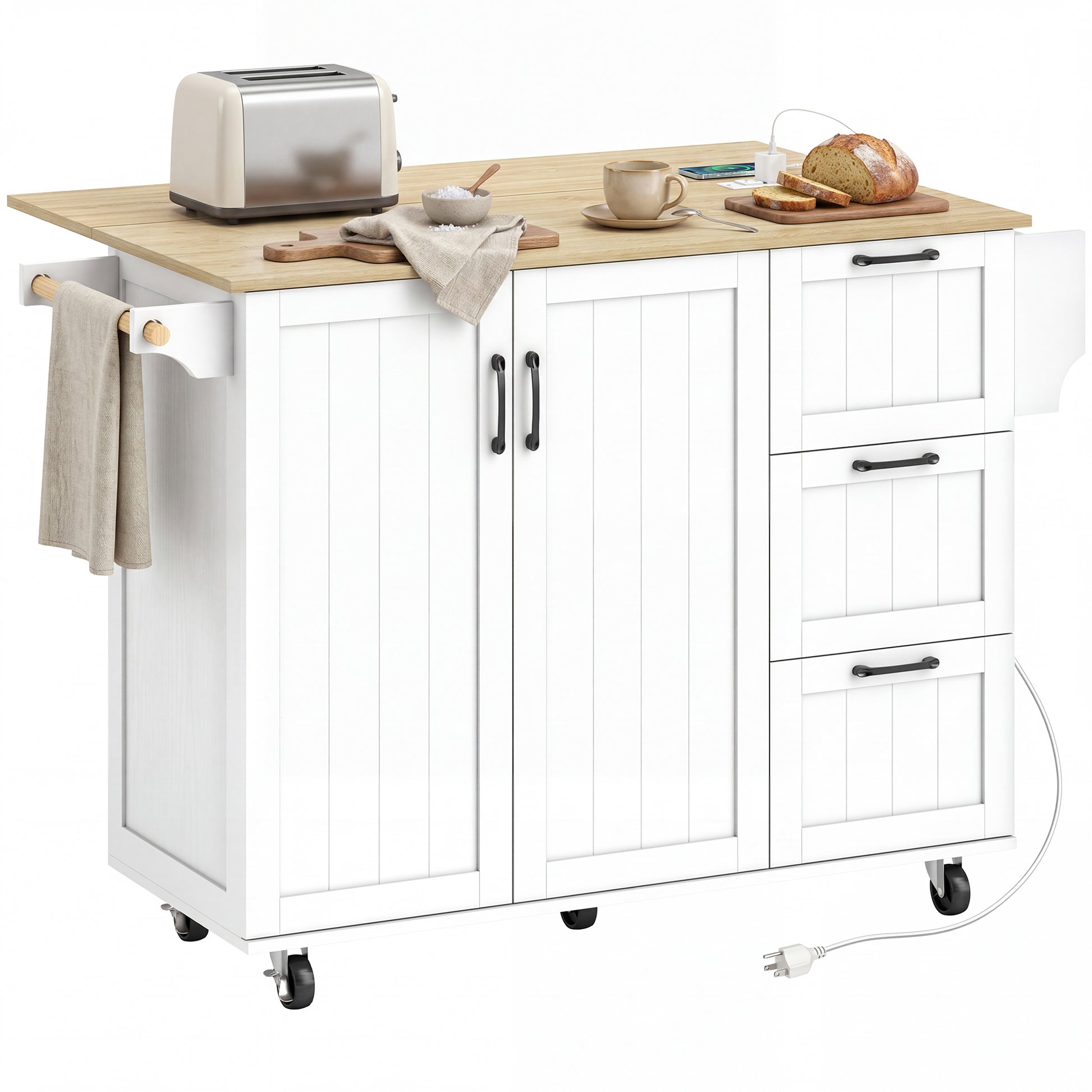 Kitchen Island with Drop Leaf & Power Outlet - White-DECOROLALA