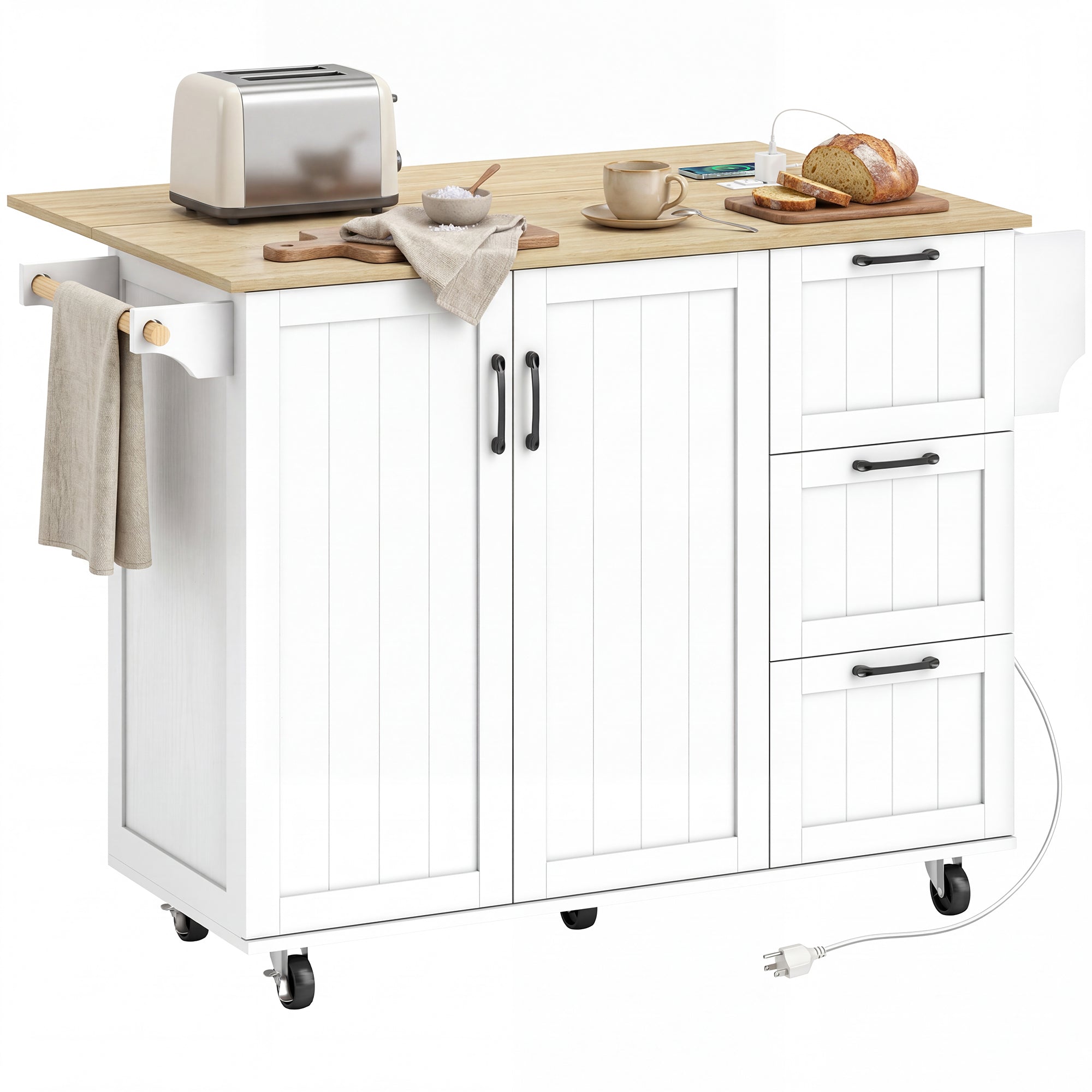Kitchen Island with Drop Leaf & Power Outlet - White-DECOROLALA