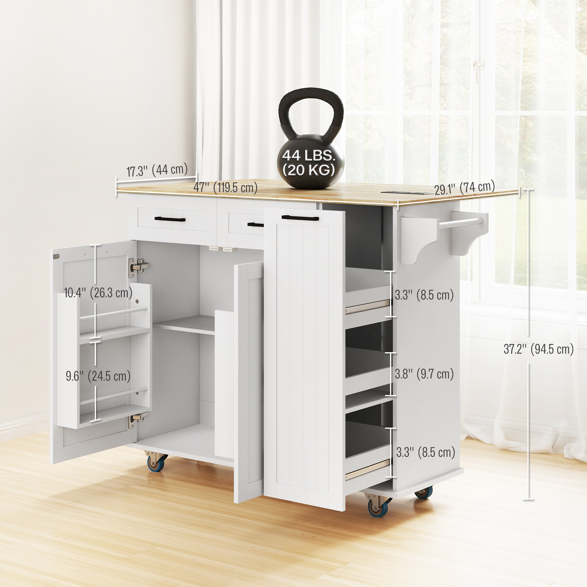 Kitchen Island with Drop Leaf and Charging Station - White-DECOROLALA