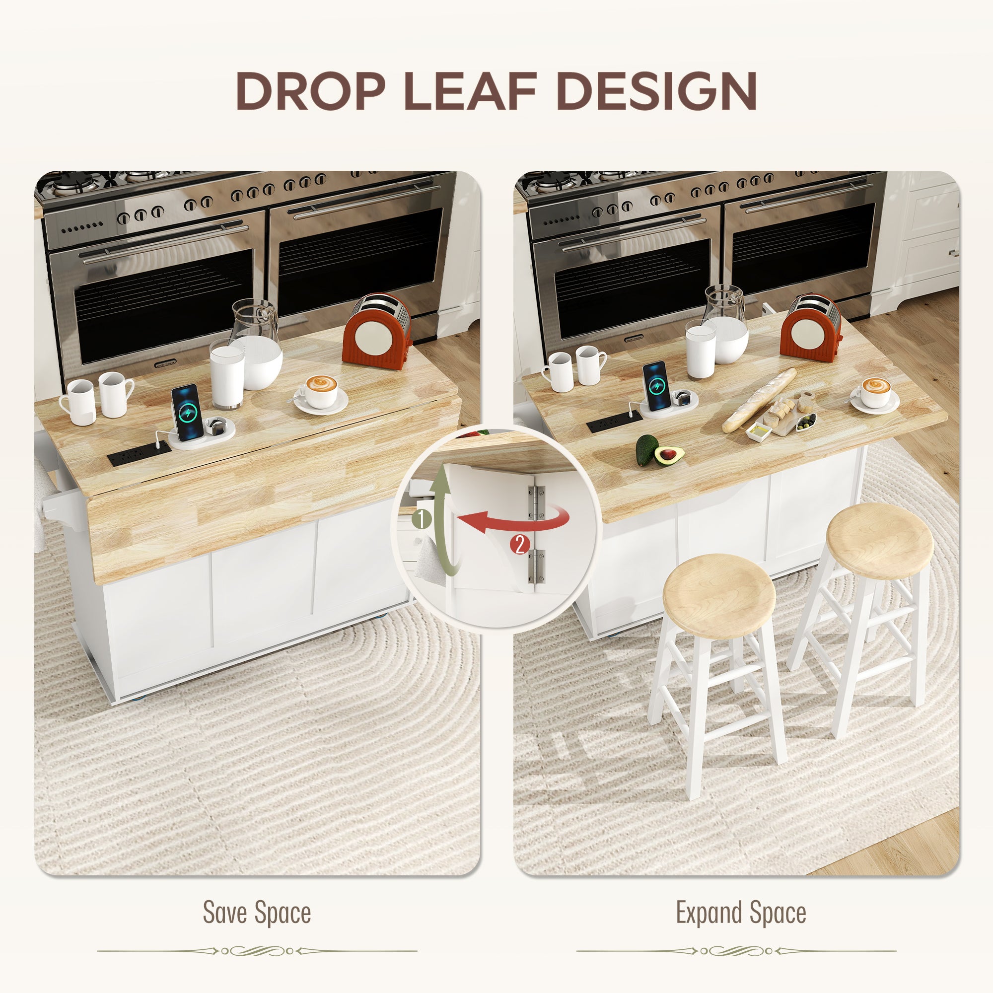 Kitchen Island with Drop Leaf and Charging Station - White-DECOROLALA