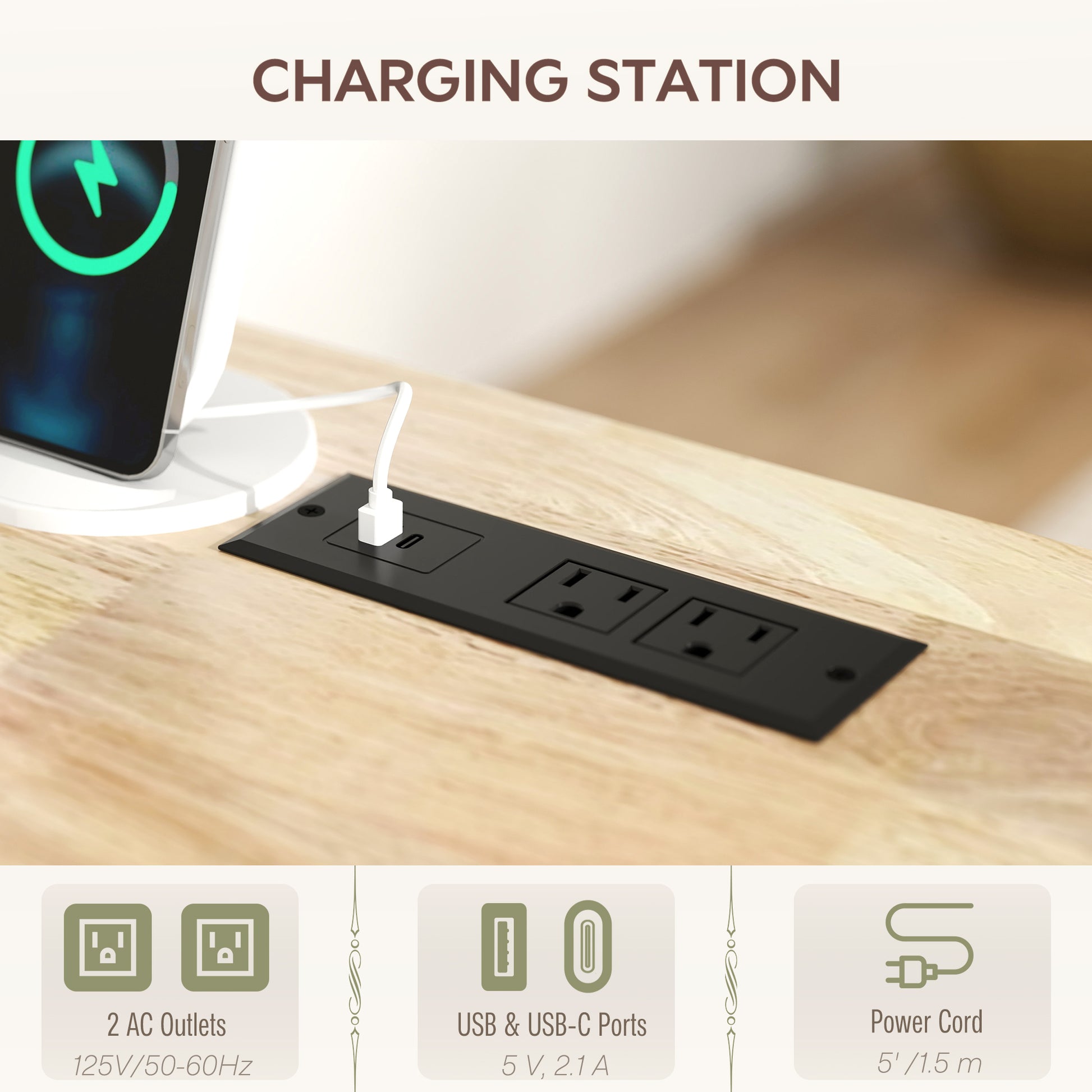 Kitchen Island with Drop Leaf and Charging Station - White-DECOROLALA