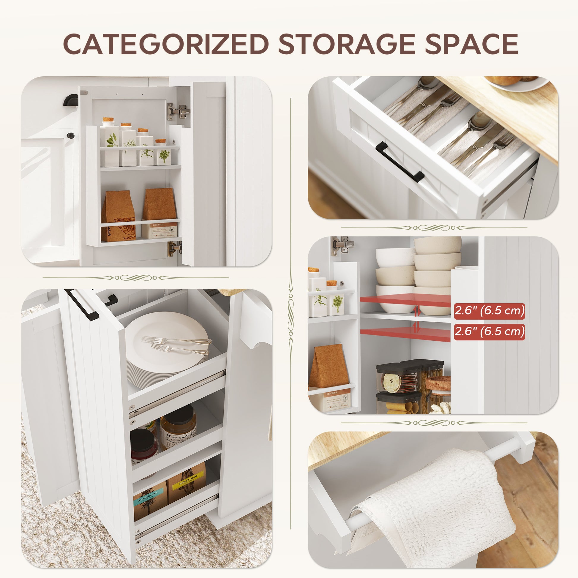 Kitchen Island with Drop Leaf and Charging Station - White-DECOROLALA
