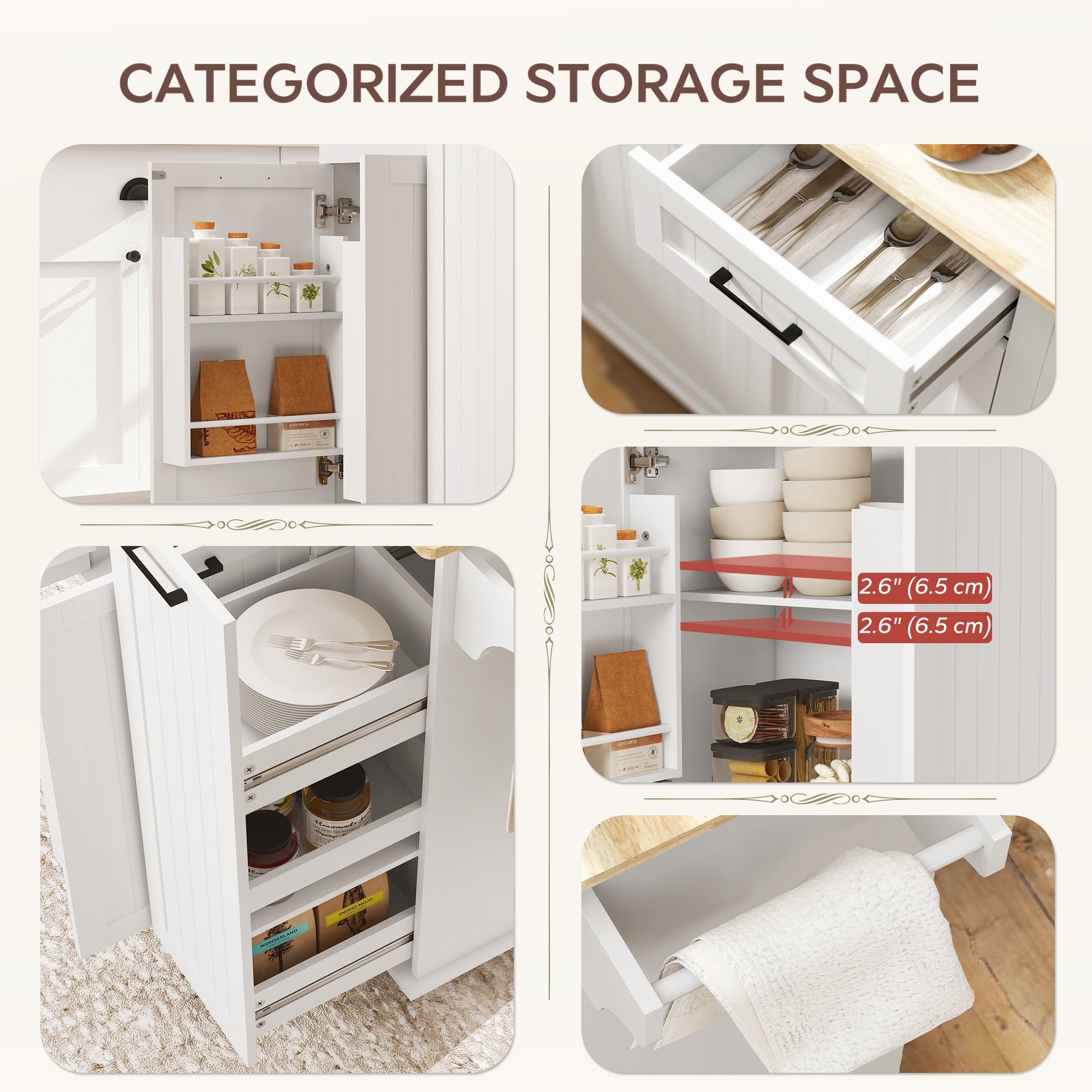 Kitchen Island with Drop Leaf and Charging Station - White-DECOROLALA